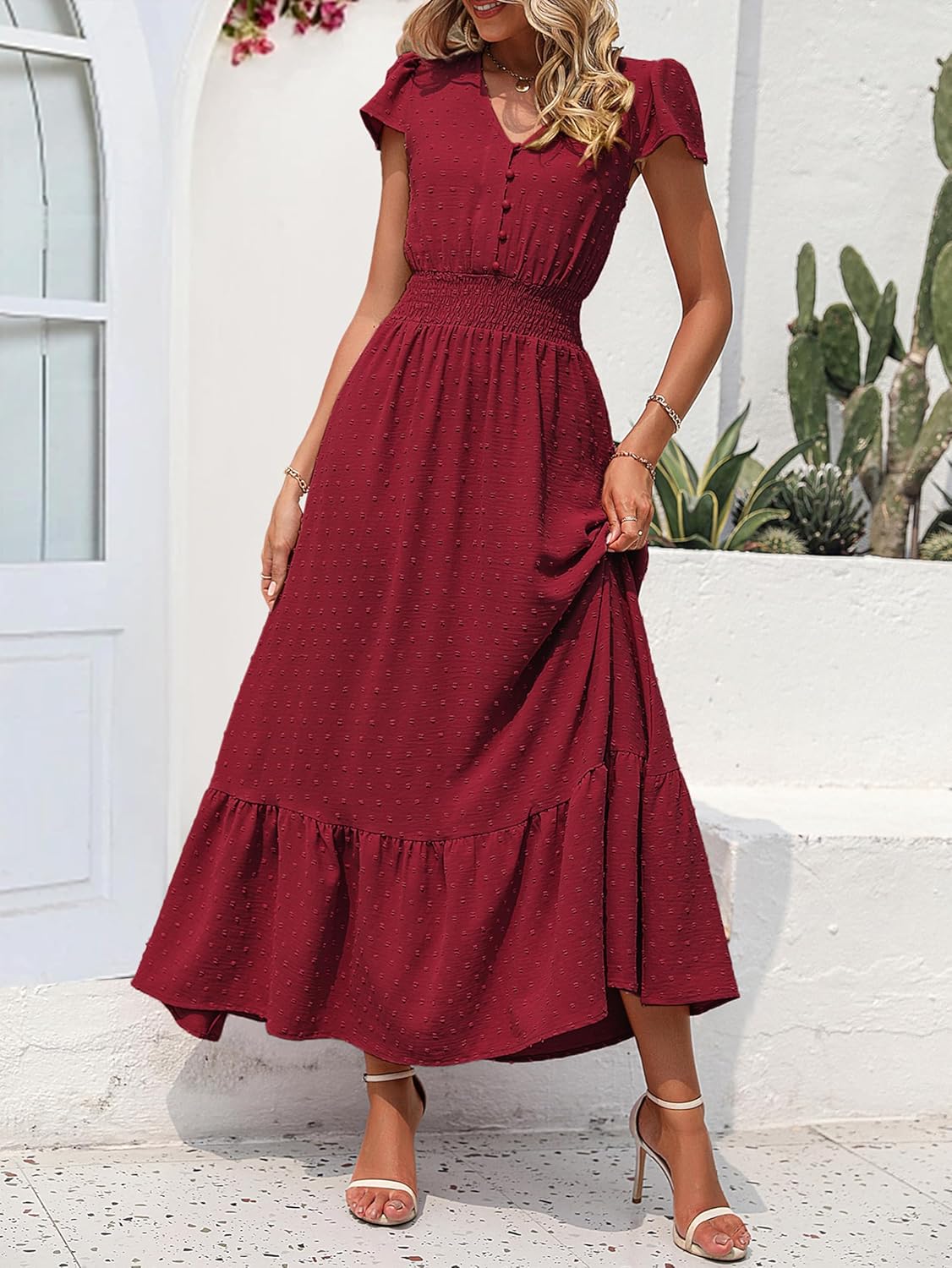 PRETTYGARDEN Womens Dresses 2025 Summer Maxi Dress Boho Short Sleeve V Neck Swiss Dot Ruffle Tiered Smocked Flowy Long Dress