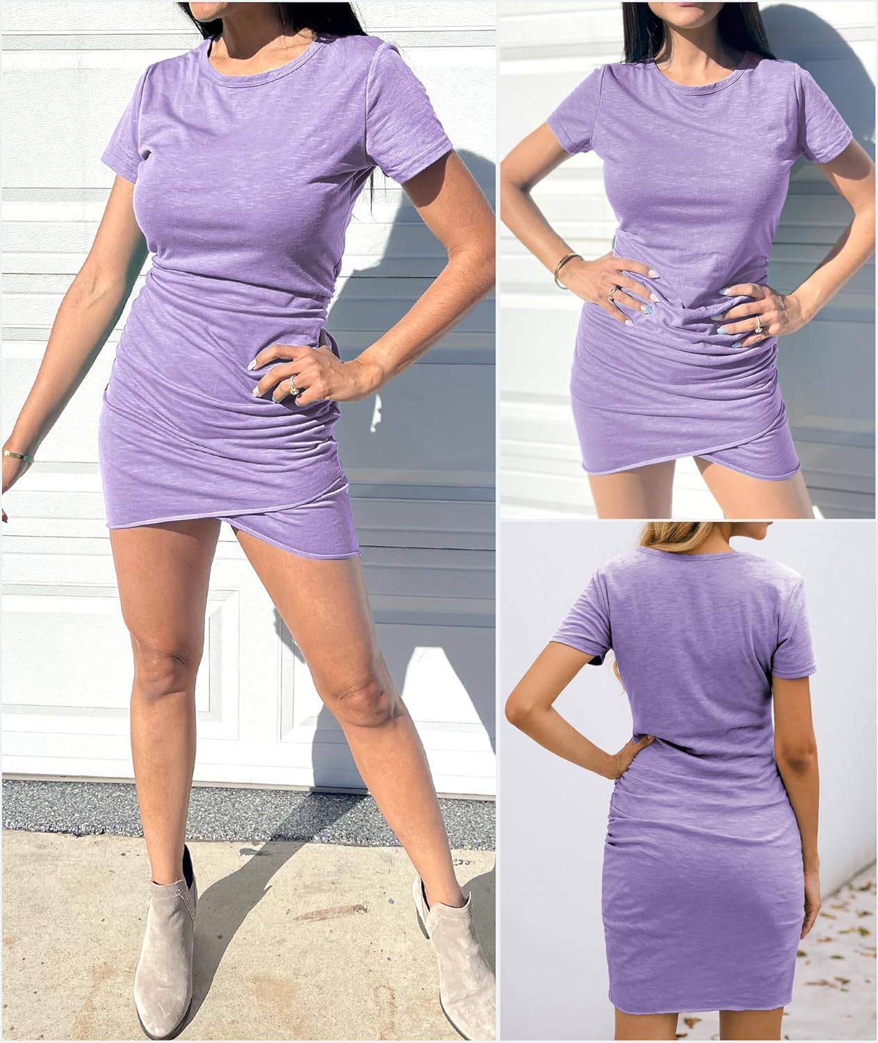 BTFBM Women's 2025 Summer Casual Beach Dresses Crew Neck Short Sleeve Wrap Party Club Mini Ruched Bodycon T Shirt Dress