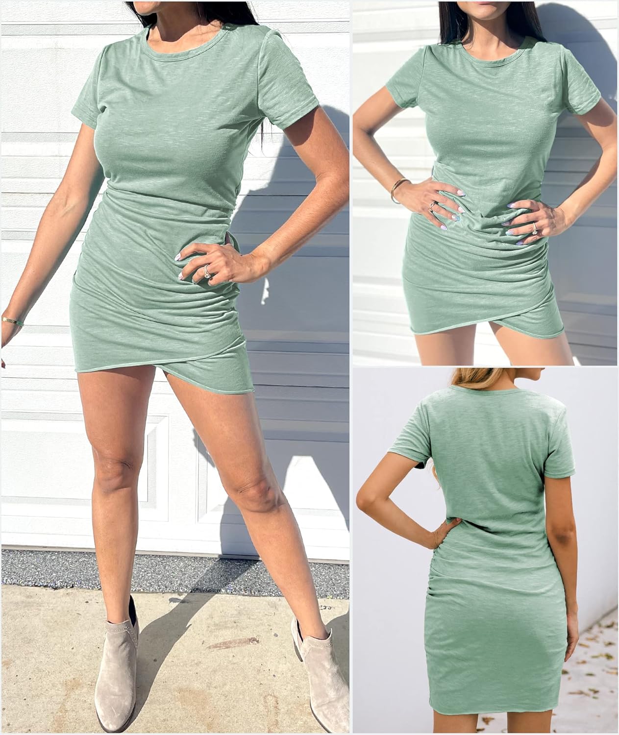 BTFBM Women's 2025 Summer Casual Beach Dresses Crew Neck Short Sleeve Wrap Party Club Mini Ruched Bodycon T Shirt Dress
