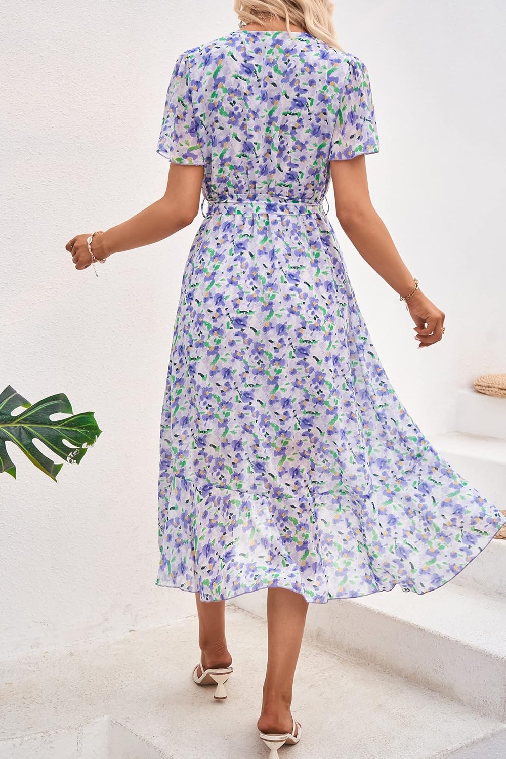 PRETTYGARDEN Women's Summer Floral Boho Dress Wrap V Neck Short Sleeve Ruffle A-Line Flowy Maxi Wedding Guest Dresses