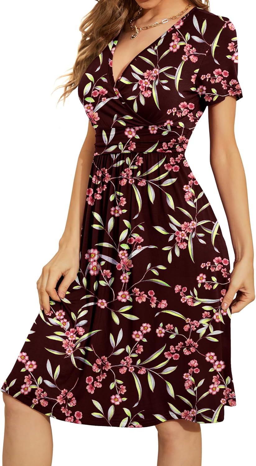 WEACZZY Women's Summer Short Sleeve Casual Dresses V-Neck Floral Party Dress with Pockets