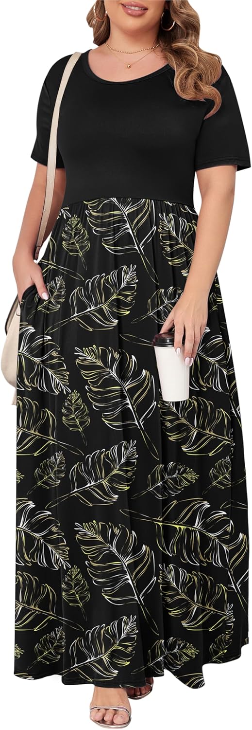 KARALIN Women’s Plus Size Maxi Dresses for Curvy Women Summer Casual Short Sleeve 2025 Long Dress 14W-26W
