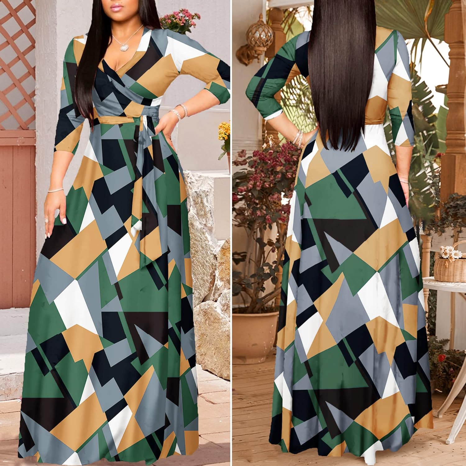 FANDEE Plus Size Maxi Dress for Women Casual Summer Sundress V-Neck 3/4 Sleeve