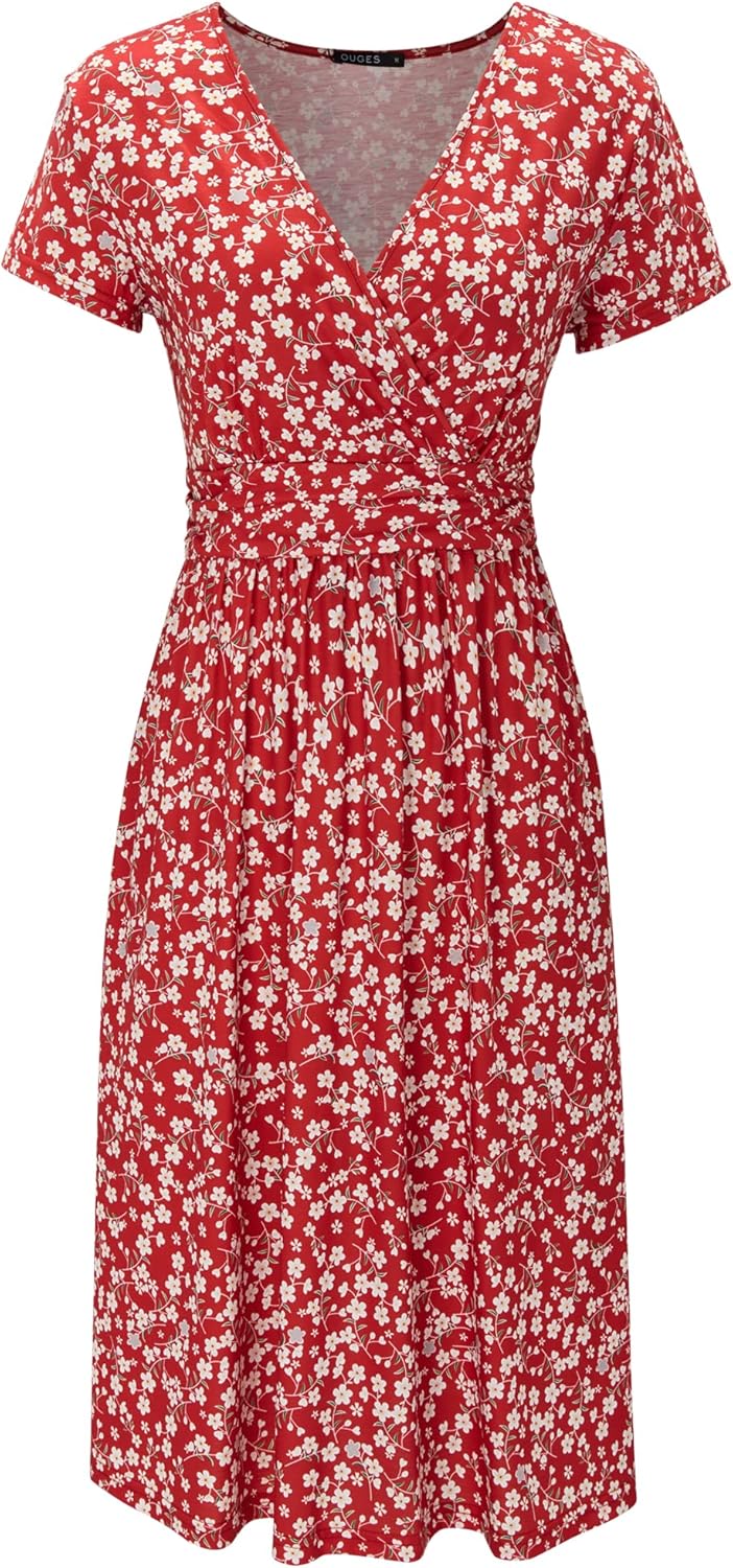 OUGES Women's Summer Short Sleeve V-Neck Floral Short Party Dress with Pockets