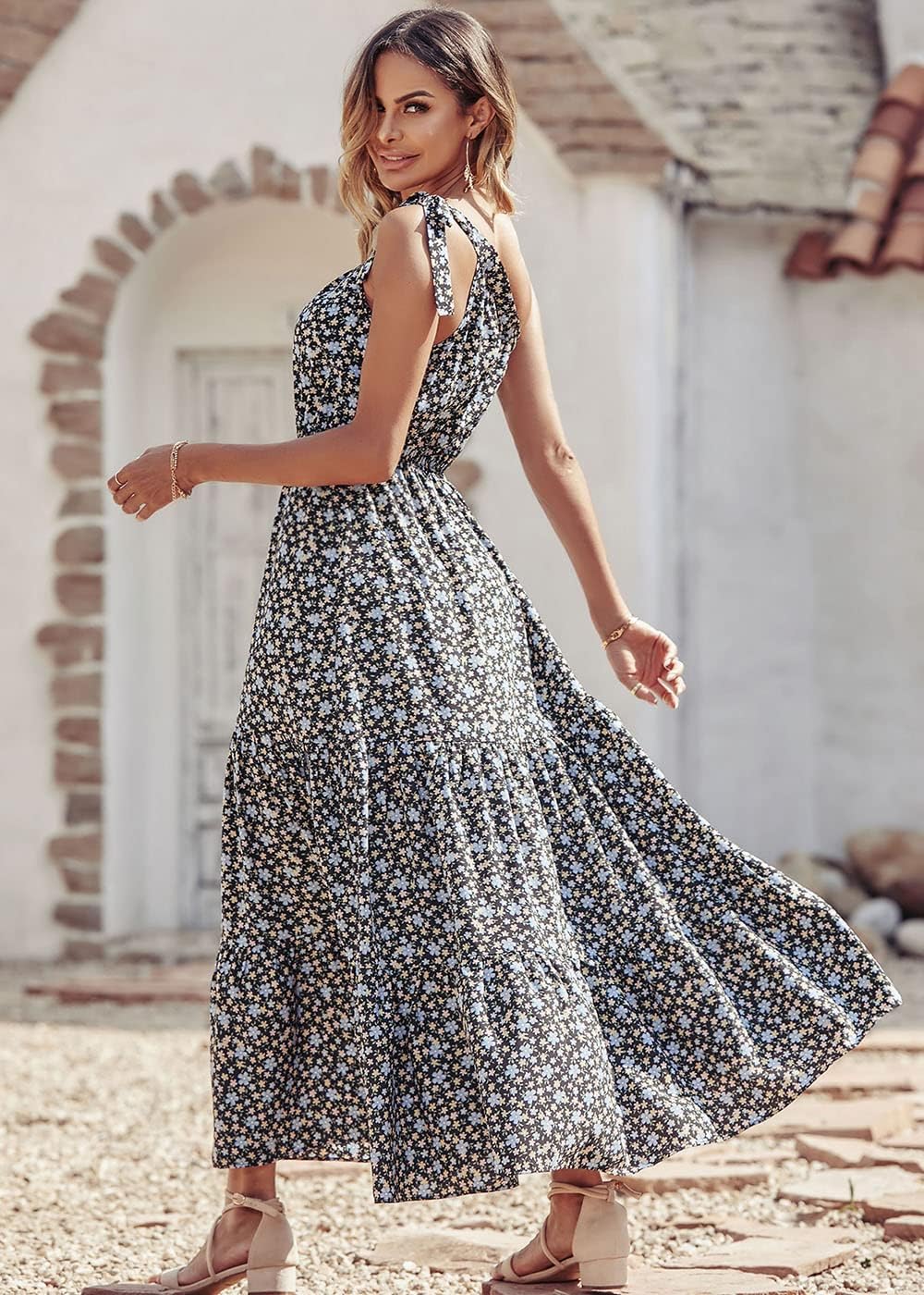 PRETTYGARDEN Women's Summer Floral Maxi Dress Knot One Shoulder Sleeveless Ruffle Flowy Boho Beach Wedding Guest Dresses