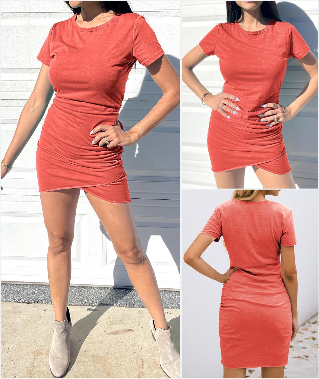 BTFBM Women's 2025 Summer Casual Beach Dresses Crew Neck Short Sleeve Wrap Party Club Mini Ruched Bodycon T Shirt Dress