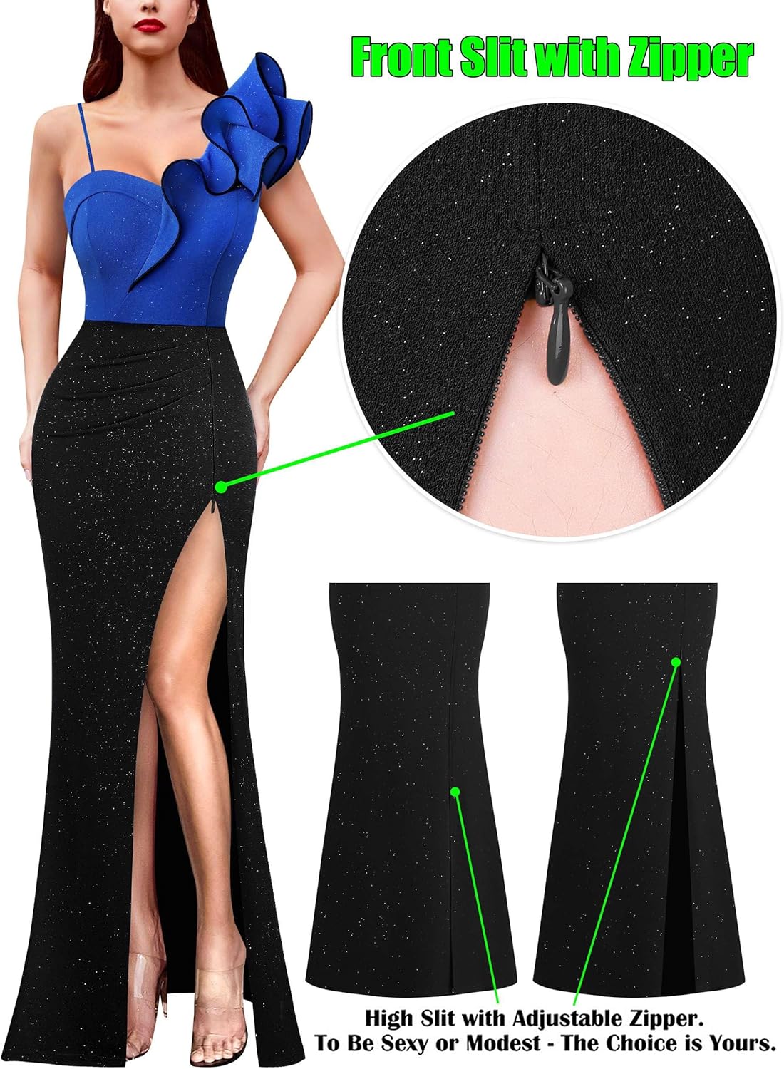 VFSHOW Womens Ruffle One Shoulder Strap Ruched Formal Prom Wedding Maxi Dress V Neck Elegant Split Cocktail Evening Long Gown