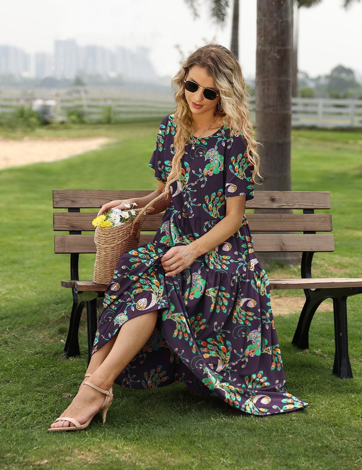 YESNO Women Casual Loose Bohemian Floral Dress with Pockets Short Sleeve Long Maxi Summer Beach Swing Dress EJF