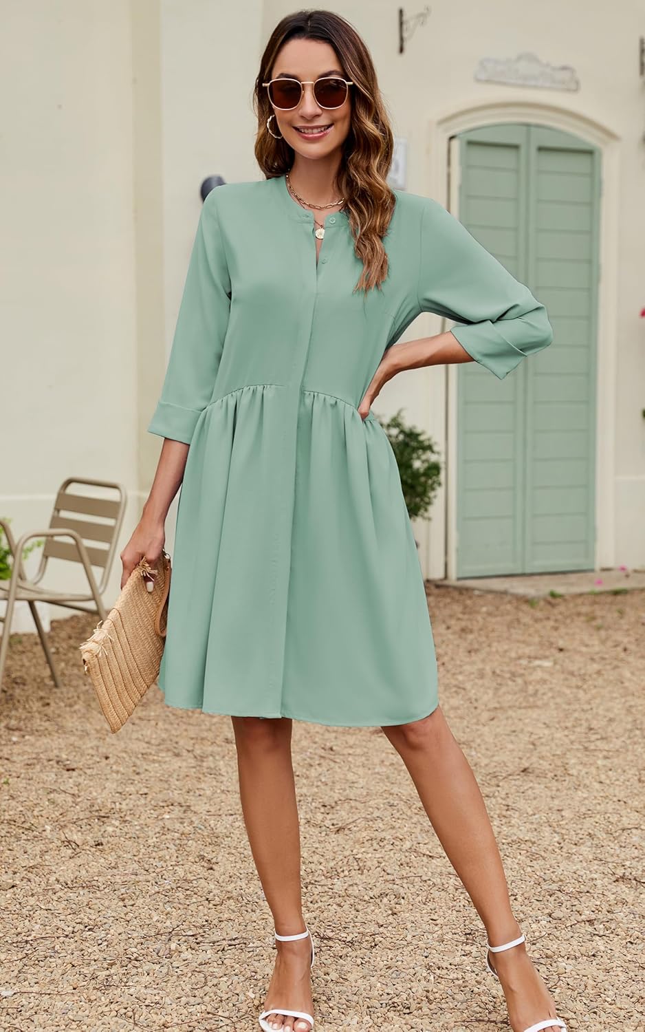 CCTOO Women's Summer Dresses Casual V Neck Button Down 3/4 Sleeve Floral Print Loose Flowy Shirt Dress
