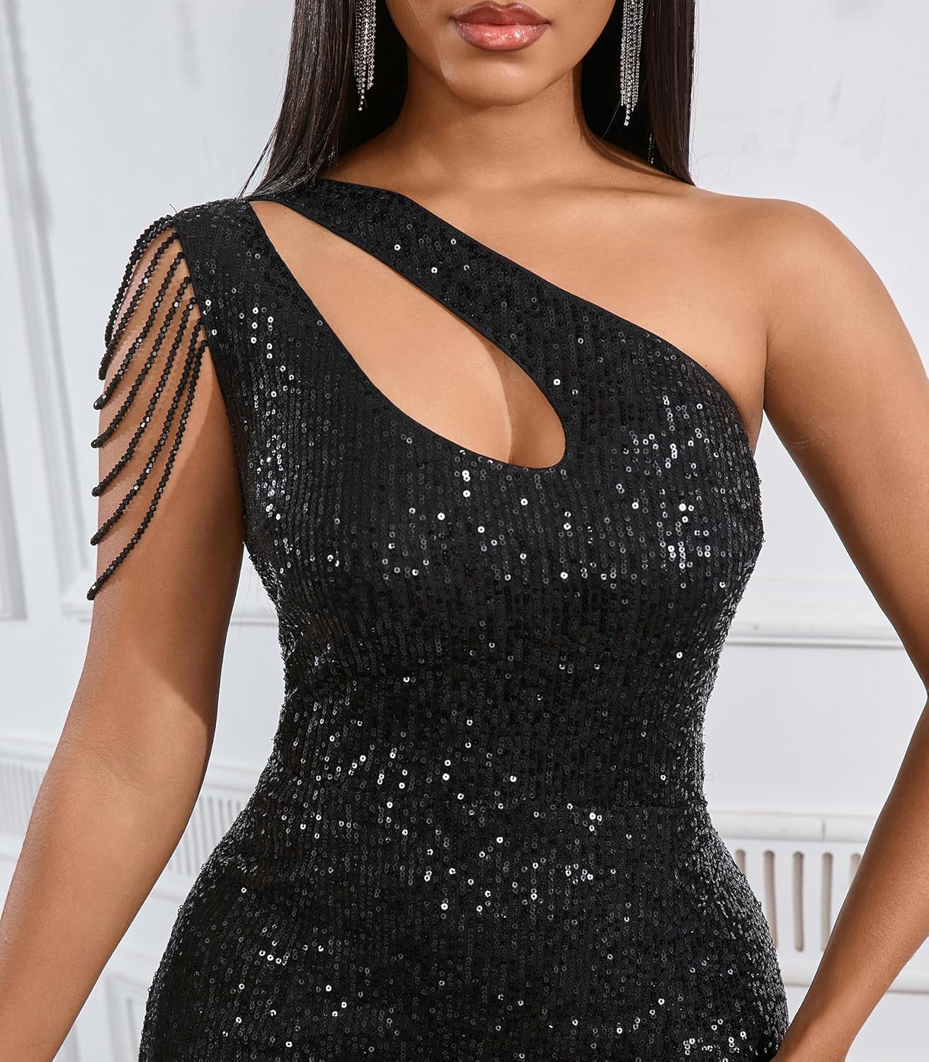 Cololura Women Sequin Elegant Sexy One Shoulder Tassel Mermaid Bodycon Cocktail Evening Dress