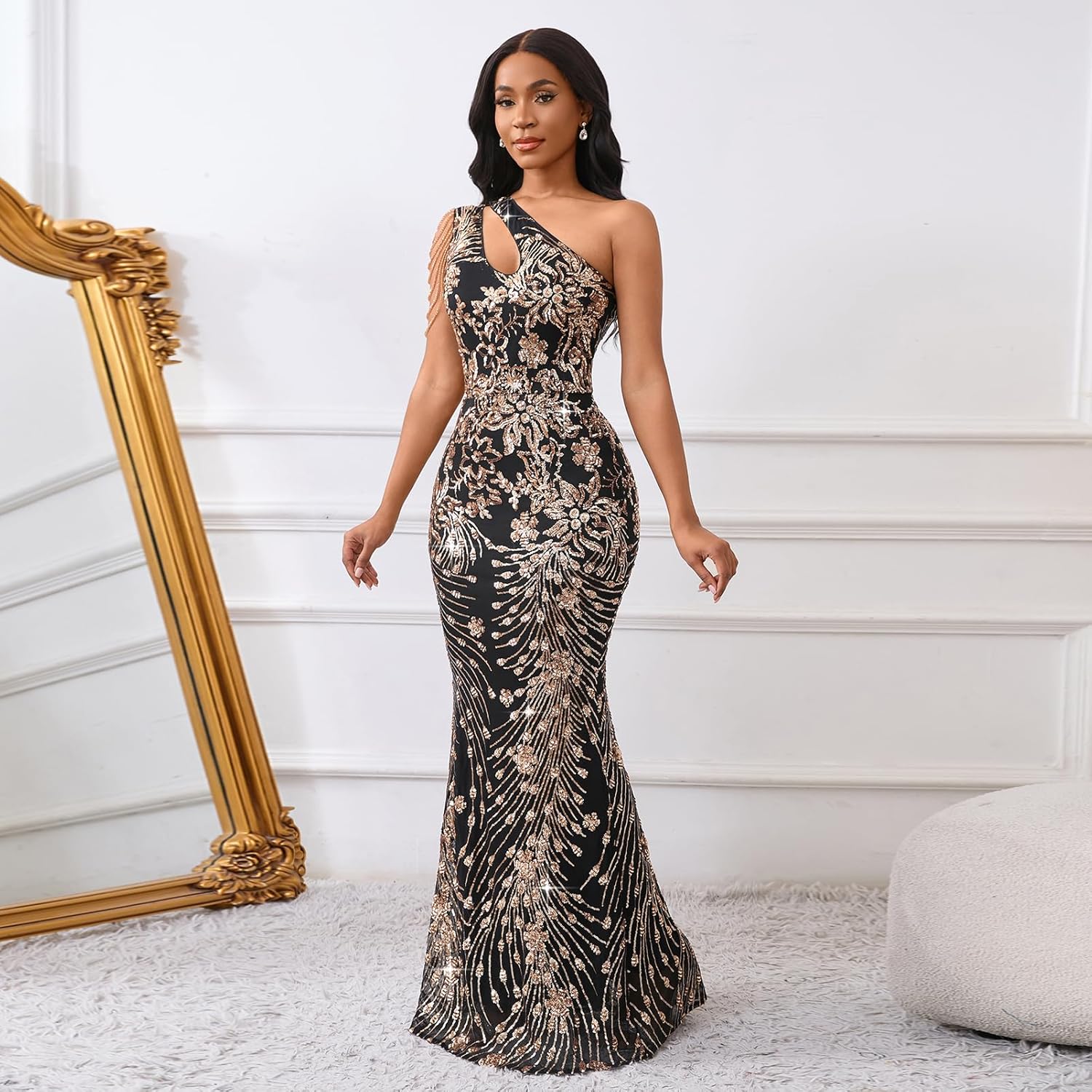 Cololura Women Sequin Elegant Sexy One Shoulder Tassel Mermaid Bodycon Cocktail Evening Dress