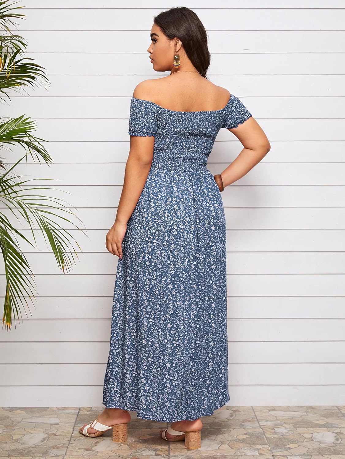 Floerns Women's Boho Floral Print Off Shoulder Split Long A Line Dress