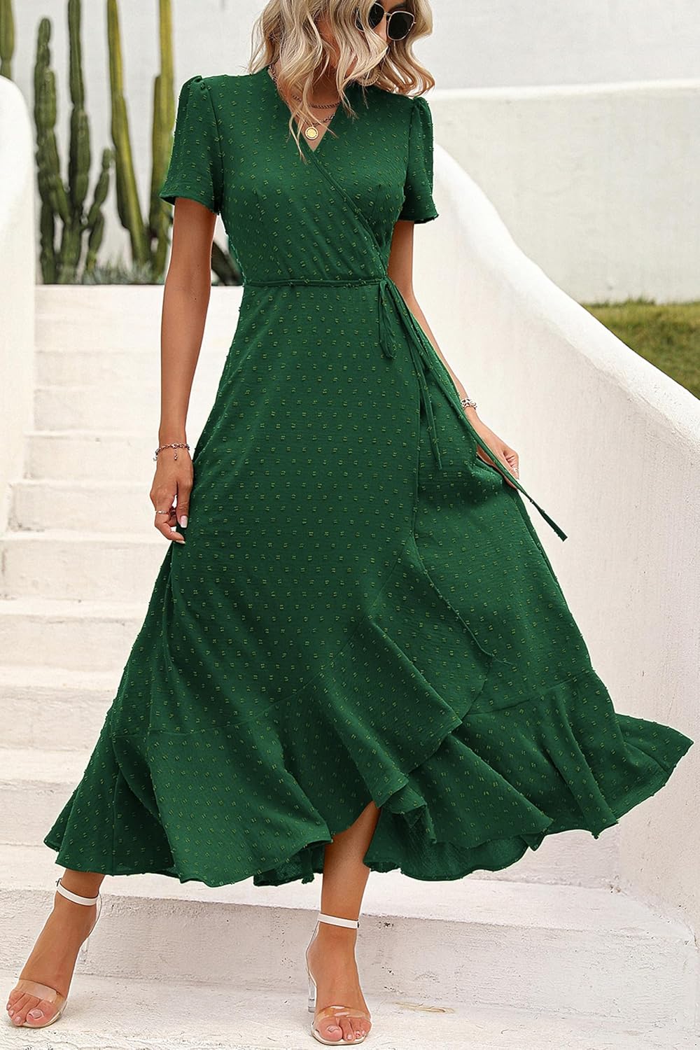 PRETTYGARDEN Women's Summer Wrap Maxi Dress Casual Short Sleeve Floral Boho V Neck Split Ruffle Beach Long Dresses