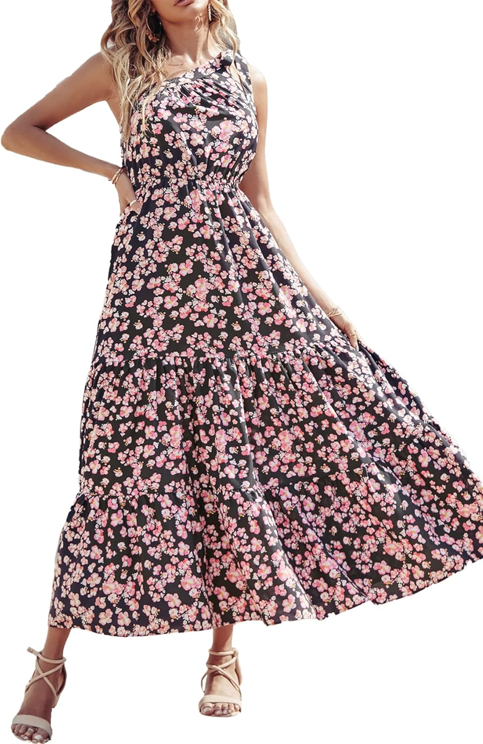 PRETTYGARDEN Women's Summer Floral Maxi Dress Knot One Shoulder Sleeveless Ruffle Flowy Boho Beach Wedding Guest Dresses