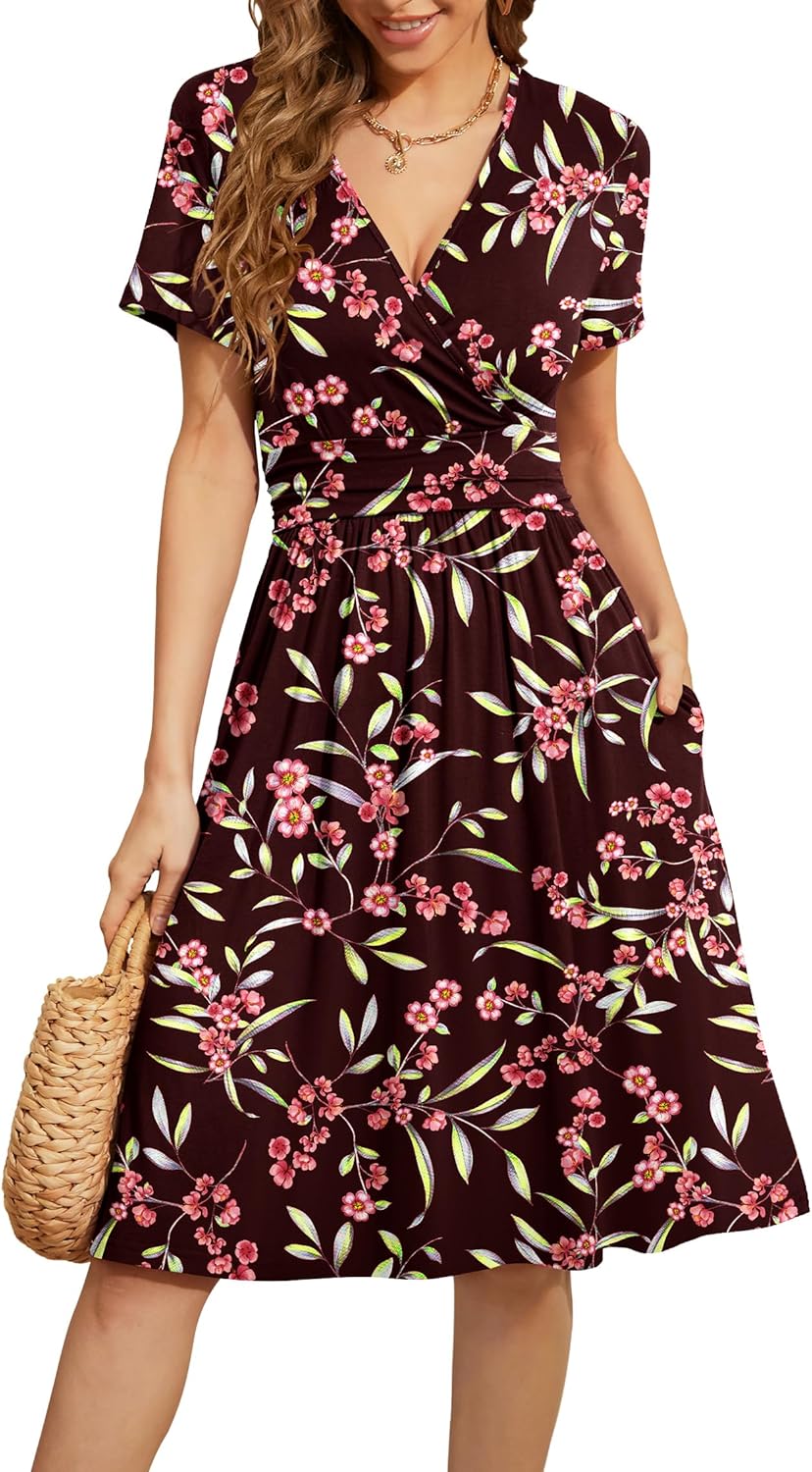 WEACZZY Women's Summer Short Sleeve Casual Dresses V-Neck Floral Party Dress with Pockets