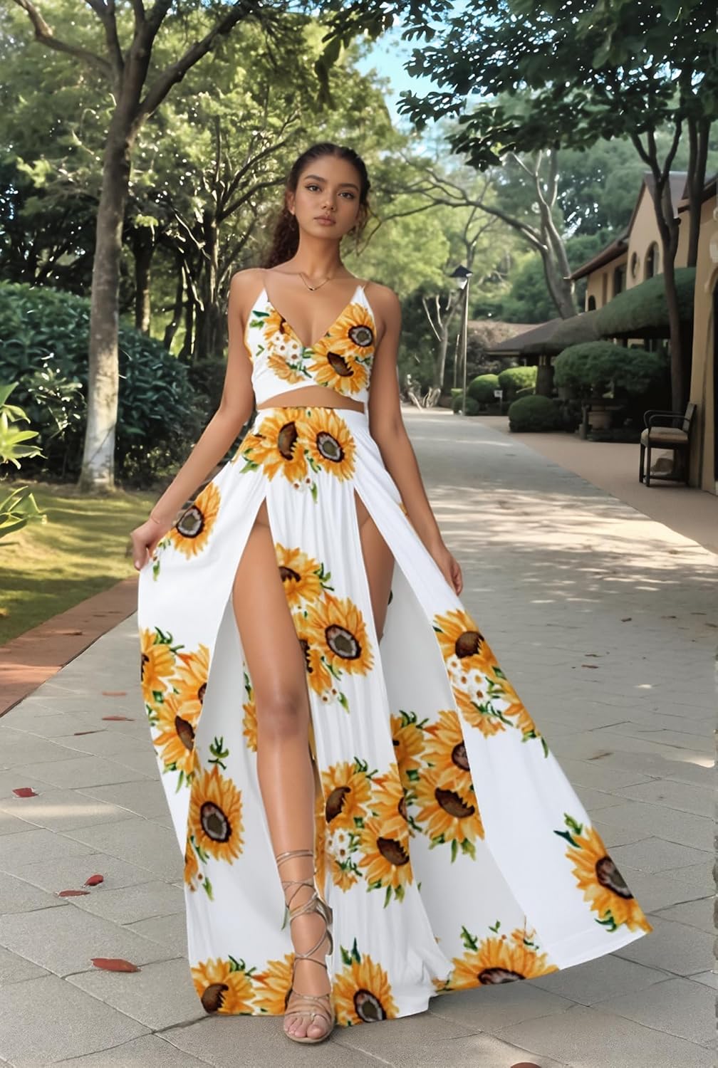 Women Sexy 2 Piece Outfits Dress Chiffon Strap Deep V Neck Bra Crop Top High Split Maxi Dresses Skirt Set