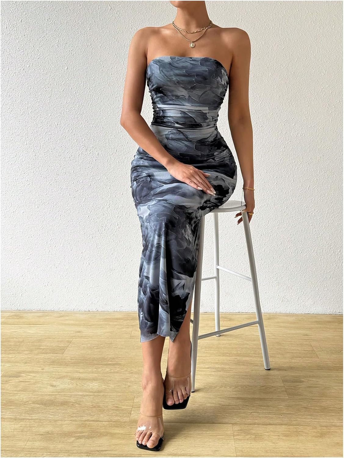 Milumia Women's Printed Strapless Tube Top Long Dress Slit Hem Sleeveless Bodycon Maxi Dresses