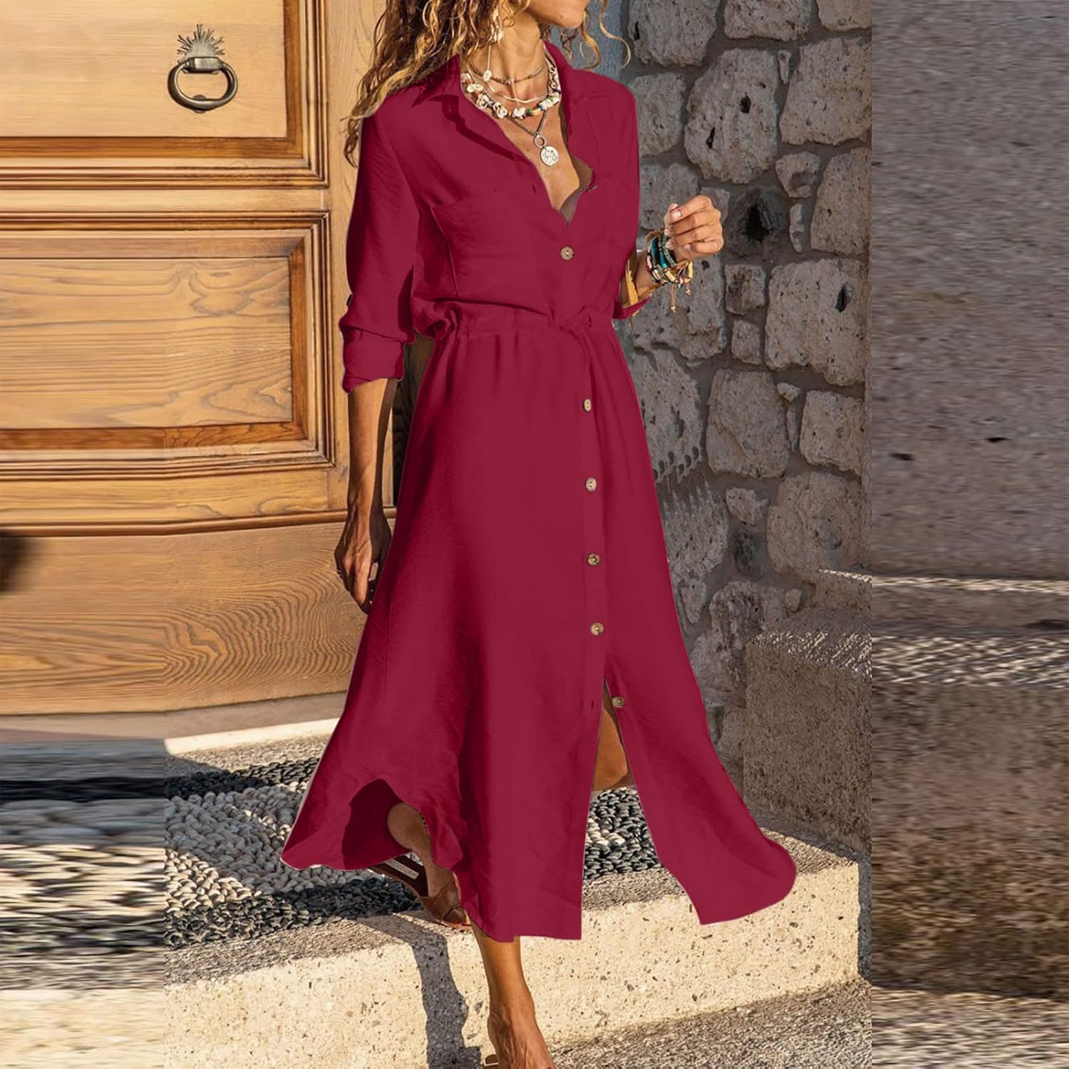 Women's Maxi Shirt Dresses Solid Cotton Linen Button Lapel Long Sleeves Summer Irregular Hem Daily Casual Sundress