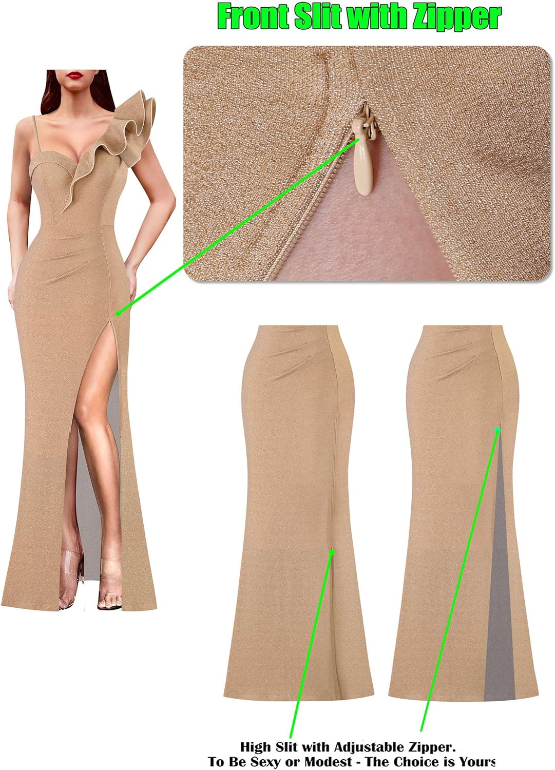 VFSHOW Womens Ruffle One Shoulder Strap Ruched Formal Prom Wedding Maxi Dress V Neck Elegant Split Cocktail Evening Long Gown