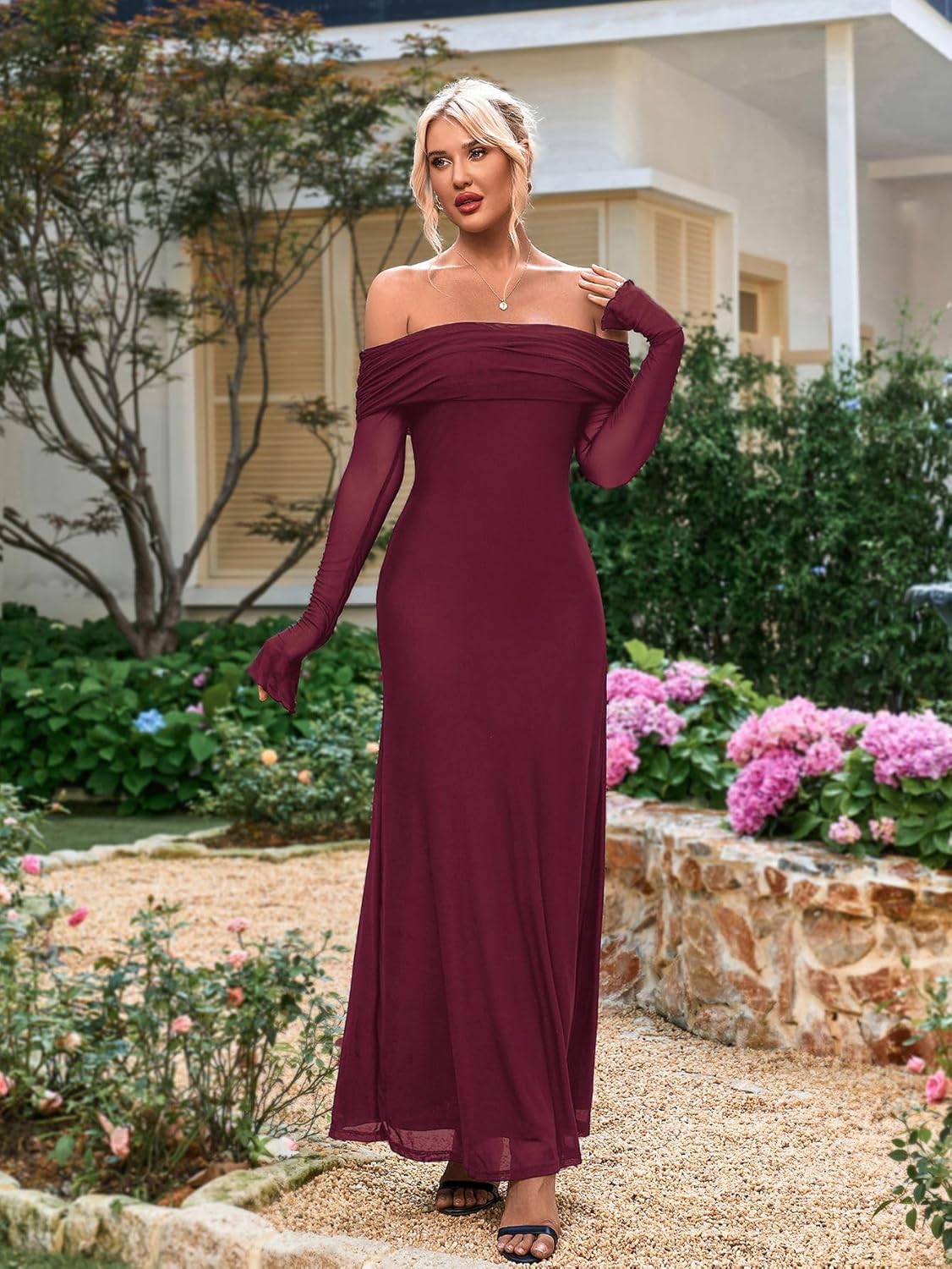 KUTUMAI Women Off Shoulder Bodycon Maxi Dress Long Sleeve Mesh Ruched Party Formal Wedding Guest Dresses