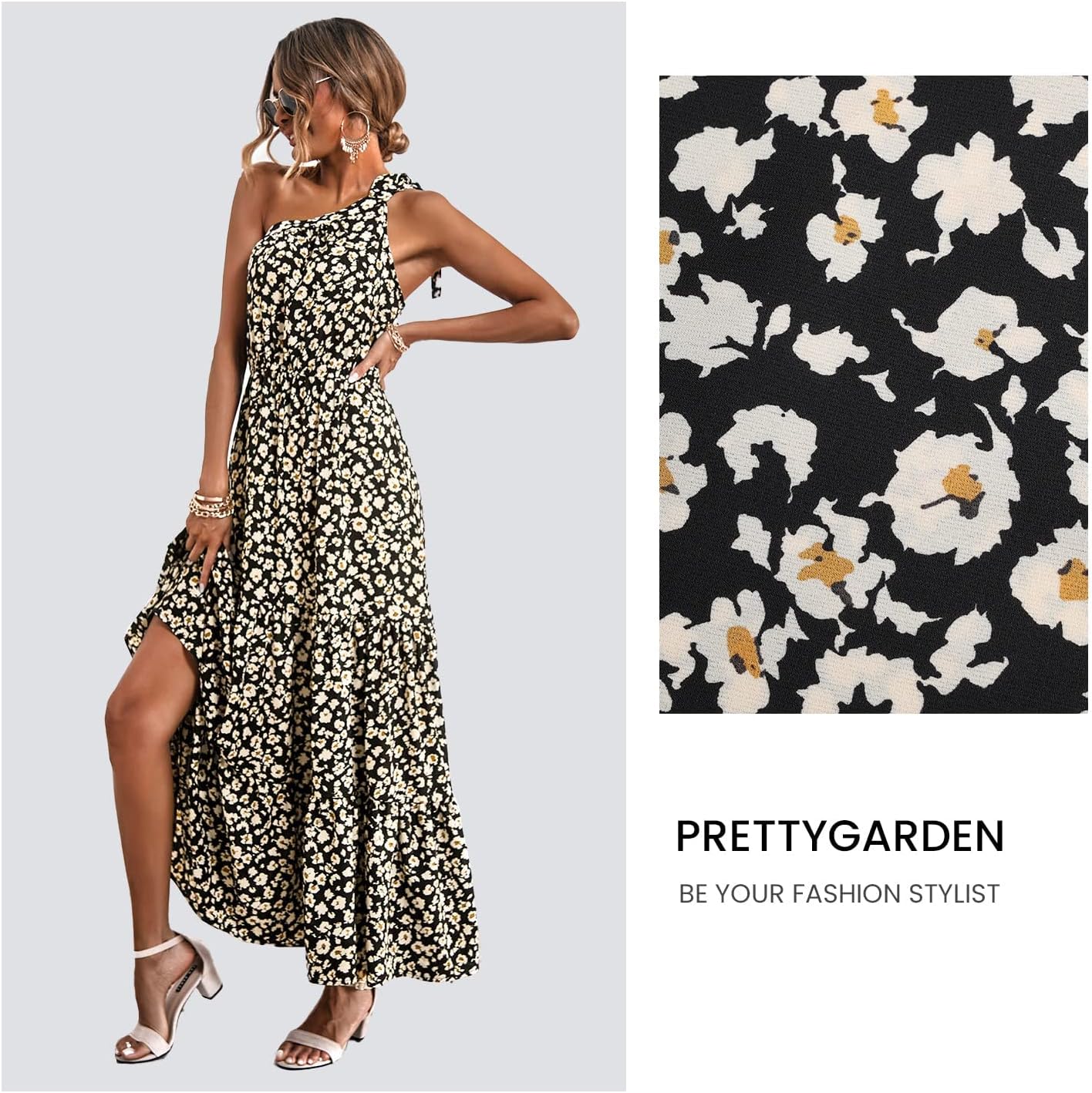 PRETTYGARDEN Women's Summer Floral Maxi Dress Knot One Shoulder Sleeveless Ruffle Flowy Boho Beach Wedding Guest Dresses