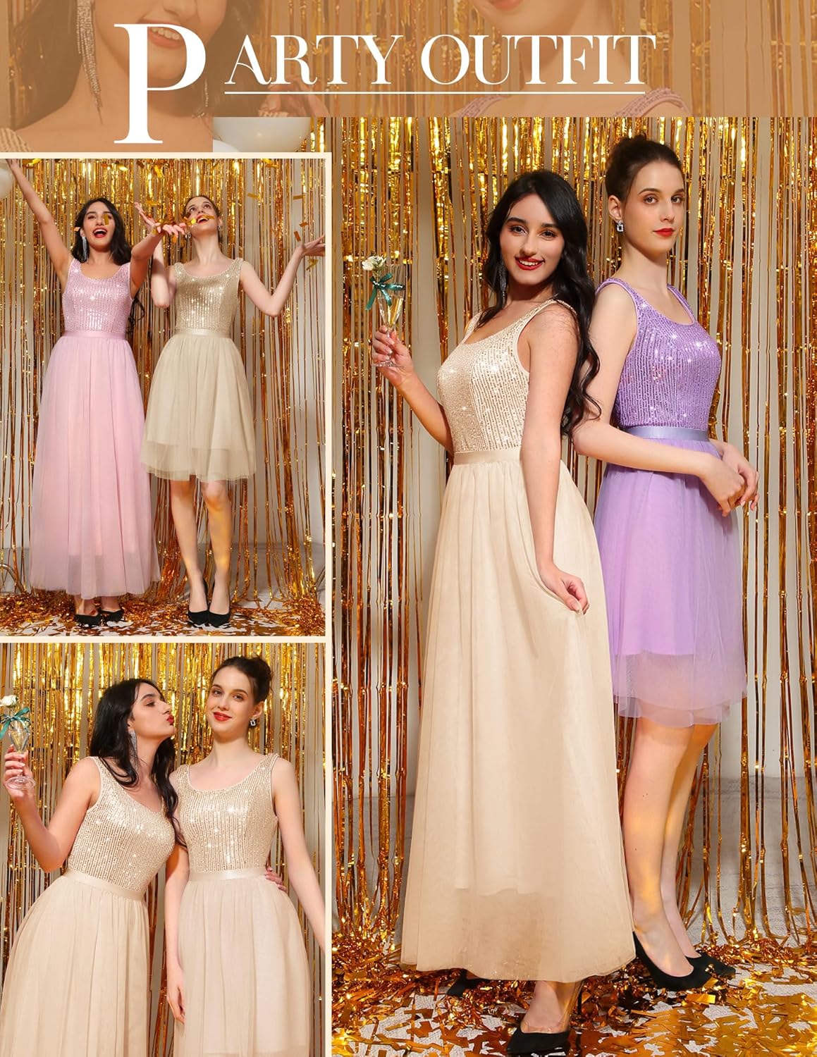 BeryLove Sequin Dress for Woman Vintage A Line Wedding Formal Swing Mesh Dress Sleeveless Cocktail Maxi Gowns