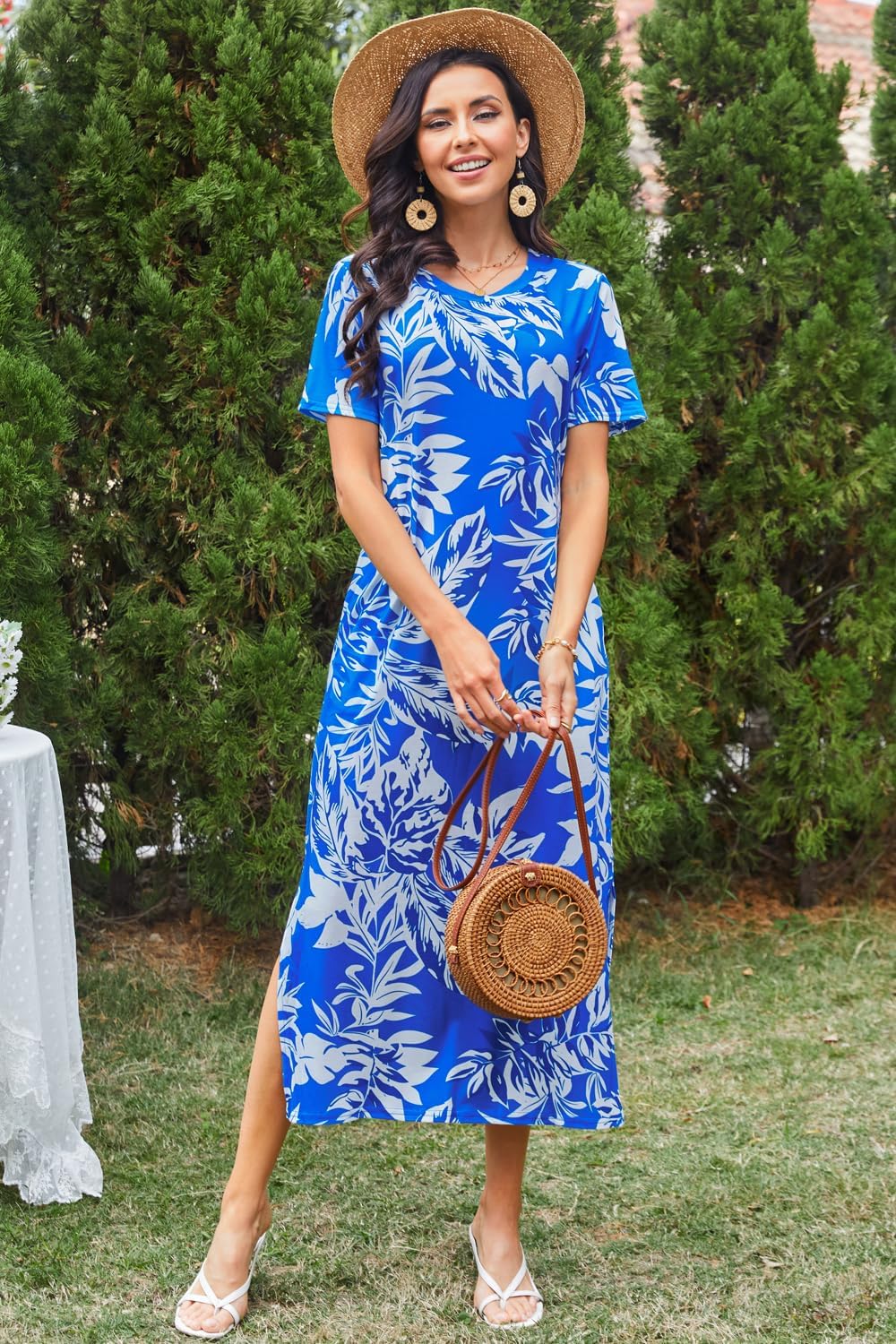 Naggoo Women's Short Sleeve Split Maxi Dress Casual Plain Tie Dye Print Tshirt Long Dresses with Pockets