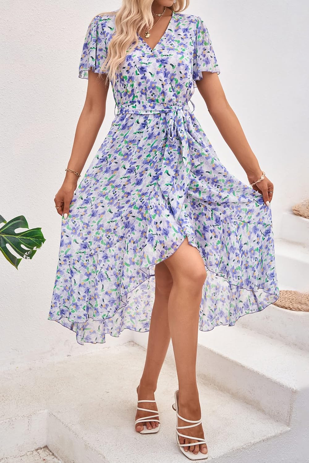 PRETTYGARDEN Women's Summer Floral Boho Dress Wrap V Neck Short Sleeve Ruffle A-Line Flowy Maxi Wedding Guest Dresses