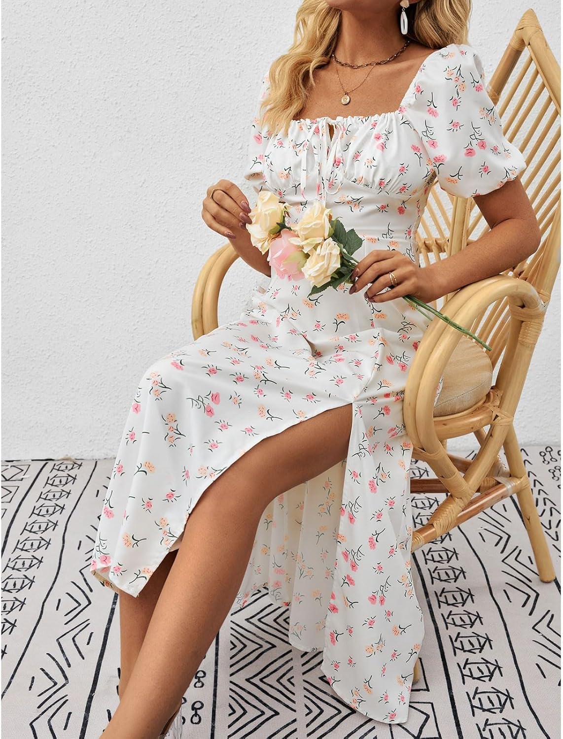 Women's Sundresses 2025 Summer Casual Loose Trendy Bubble Sleeve Square Neck Split Bow Floral Print Dress Plus Size, XS-3XL