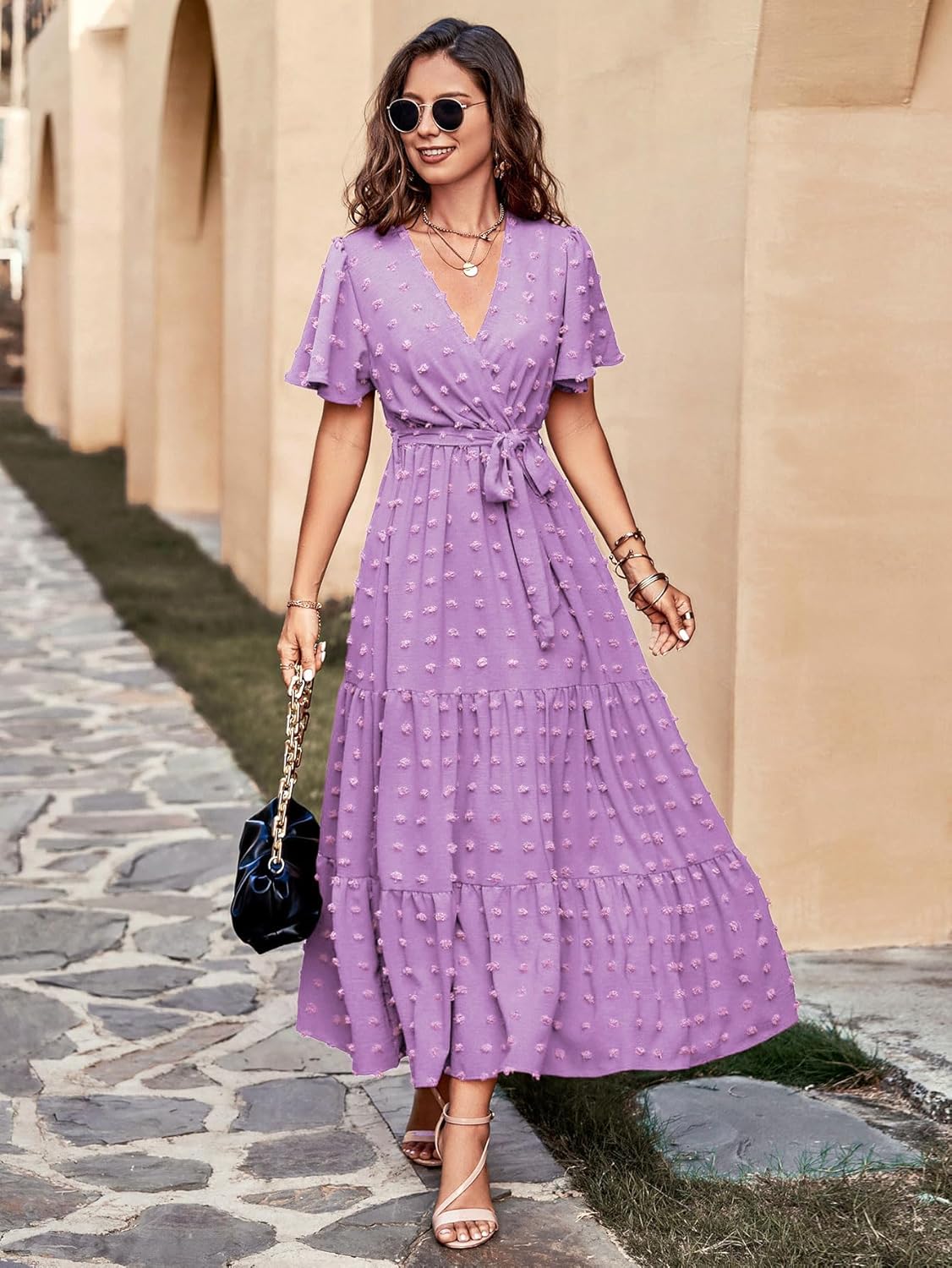 MASCOMODA Womens Boho Swiss Dot Maxi Dresses Wrap V Neck Flutter Short Sleeve Solid Tie Belt A Line Tiered Flowy Long Dress