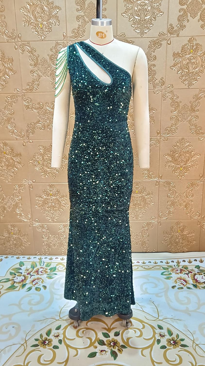 Cololura Women Sequin Elegant Sexy One Shoulder Tassel Mermaid Bodycon Cocktail Evening Dress