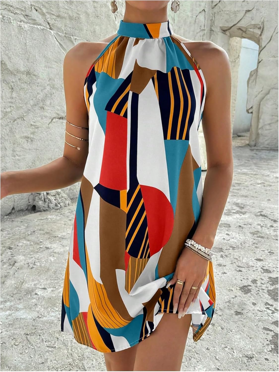 Floerns Women's Geo Print Halter A Line Dress Sleeveless Vacation Short Dresses