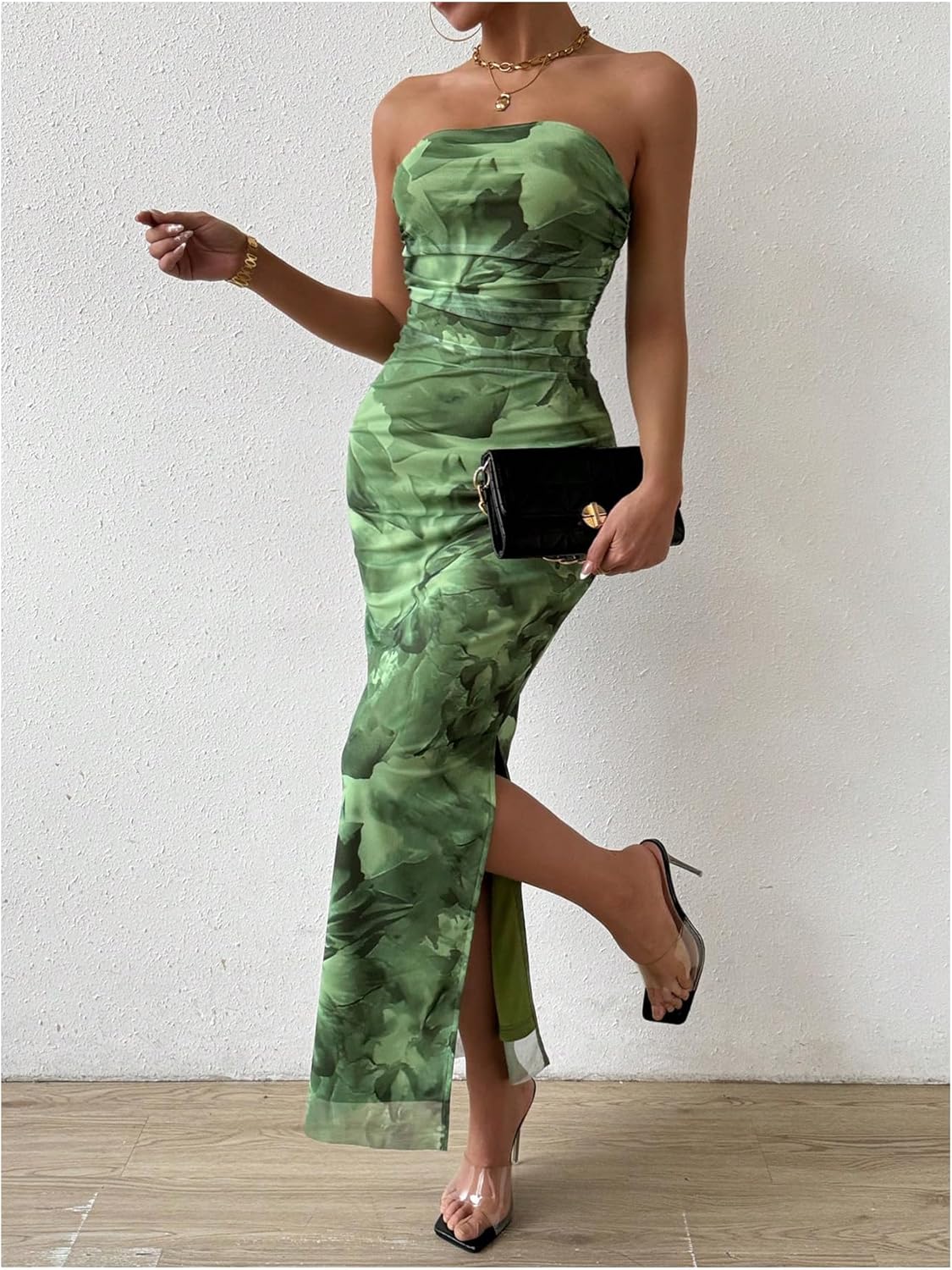 Milumia Women's Printed Strapless Tube Top Long Dress Slit Hem Sleeveless Bodycon Maxi Dresses