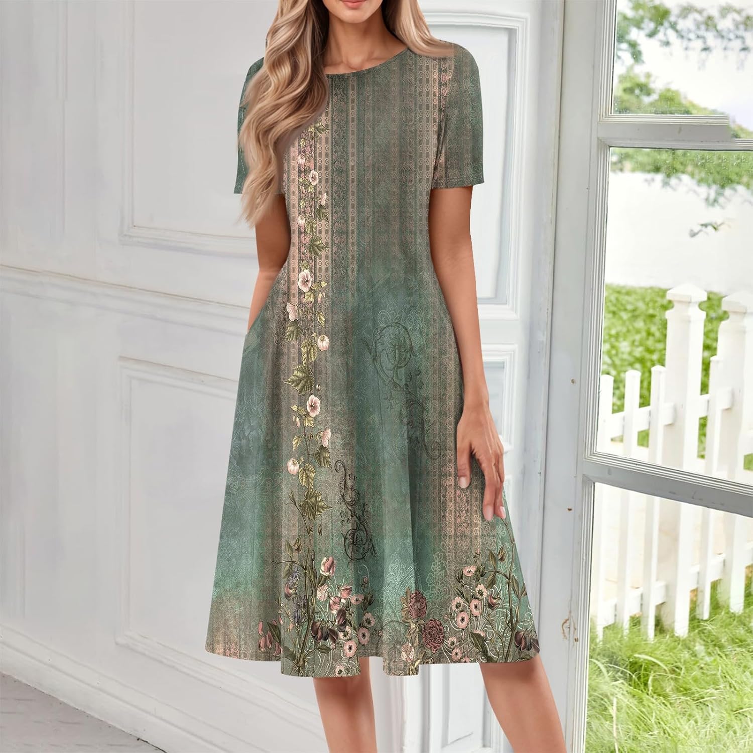 Summer Dresses for Women 2025 Crew Neck Short Sleeve Boho Beach Vacation Floral/Solid Midi Sundresses with Pockets
