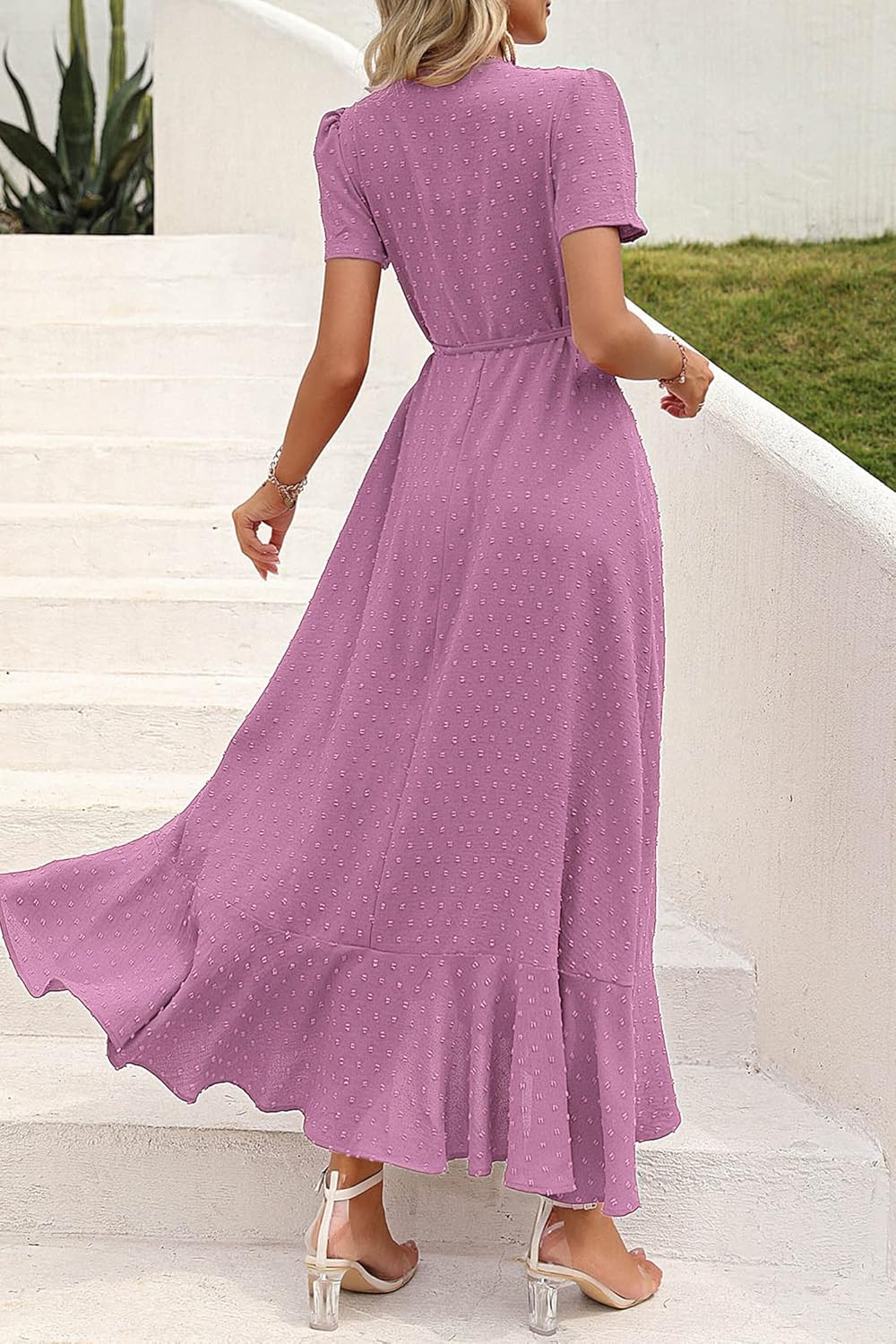 PRETTYGARDEN Women's Summer Wrap Maxi Dress Casual Short Sleeve Floral Boho V Neck Split Ruffle Beach Long Dresses
