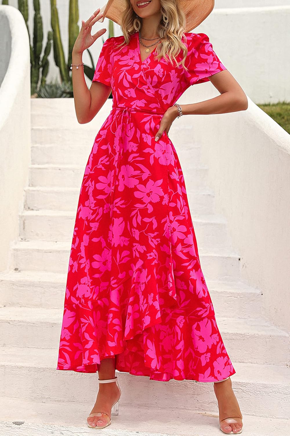 PRETTYGARDEN Women's Summer Wrap Maxi Dress Casual Short Sleeve Floral Boho V Neck Split Ruffle Beach Long Dresses