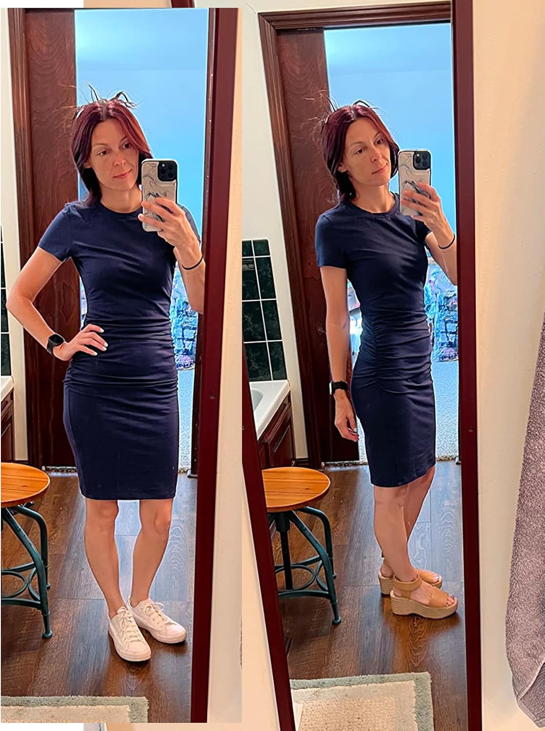 Missufe Women's Short Sleeve Ruched Casual Sundress Midi Bodycon T Shirt Dress