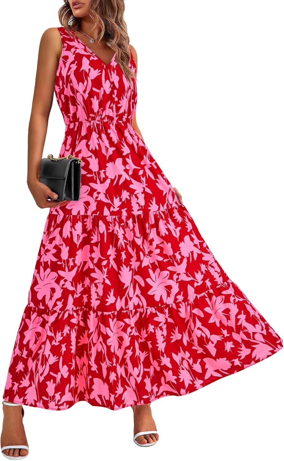 BTFBM Women Summer Dresses Casual Sleeveless Maxi Dresses Cute Floral Long Dress Wedding Guest Dress