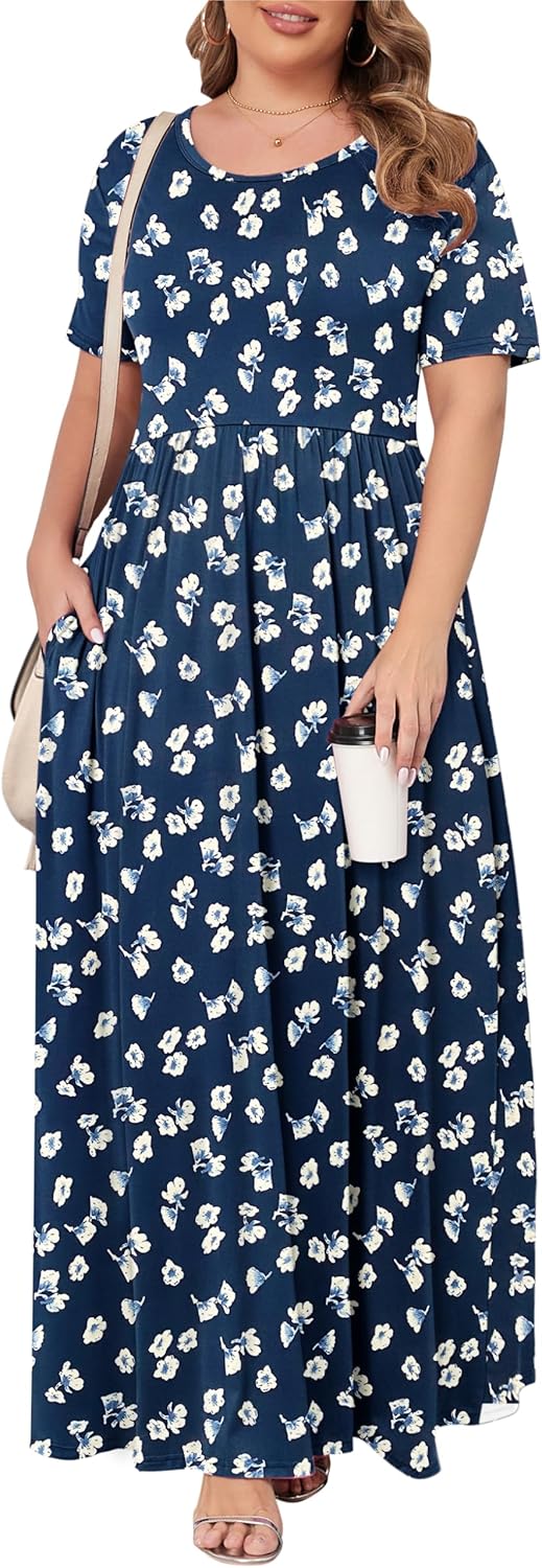 KARALIN Women’s Plus Size Maxi Dresses for Curvy Women Summer Casual Short Sleeve 2025 Long Dress 14W-26W