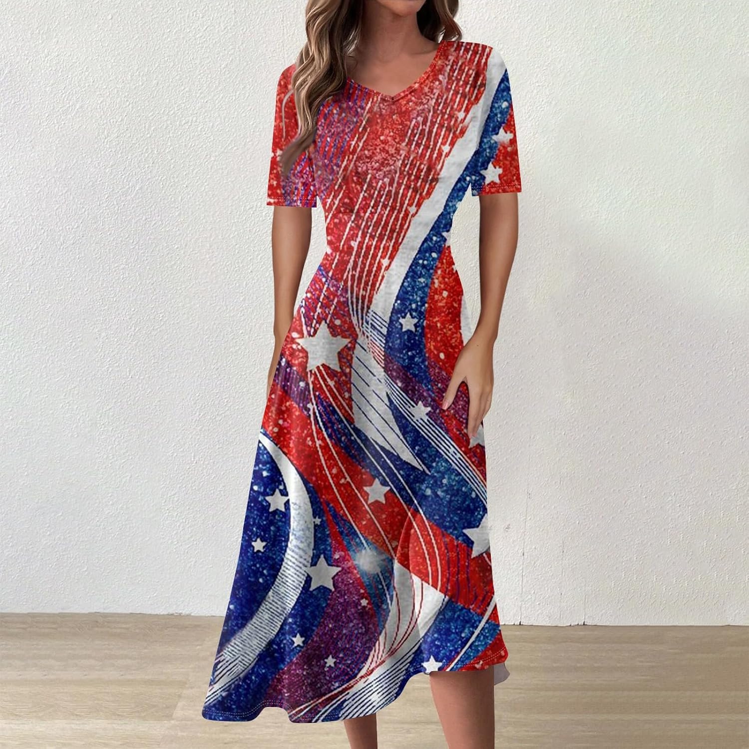 Women's Patriotic Star Print Midi Short Sleeve V-Neck Casual A-Line Dress for Summer Parties & Events