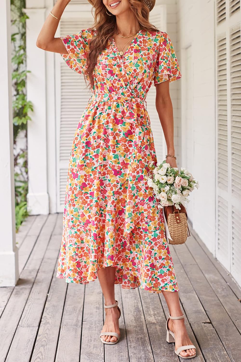 PRETTYGARDEN Women's Summer Floral Boho Dress Wrap V Neck Short Sleeve Ruffle A-Line Flowy Maxi Wedding Guest Dresses