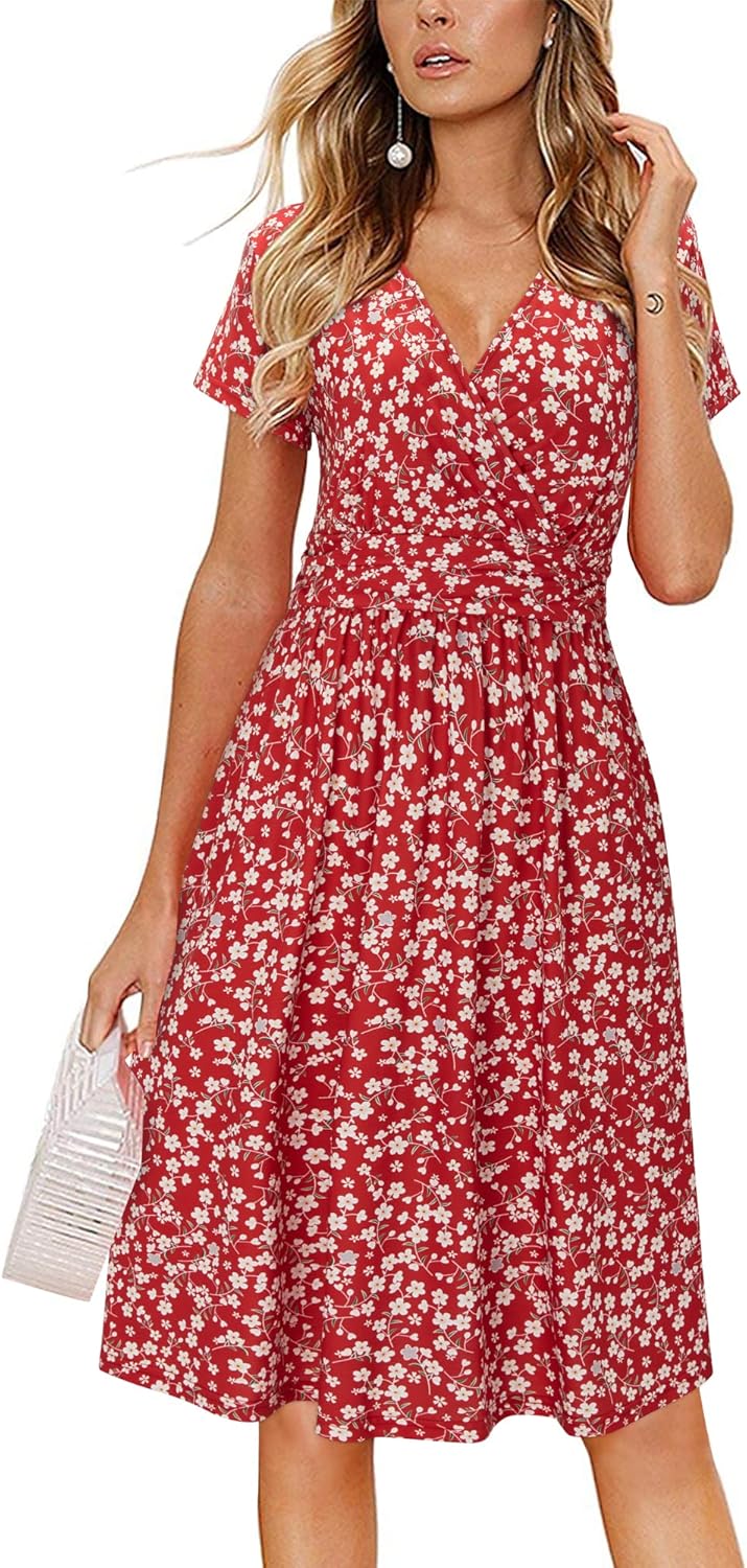 OUGES Women's Summer Short Sleeve V-Neck Floral Short Party Dress with Pockets