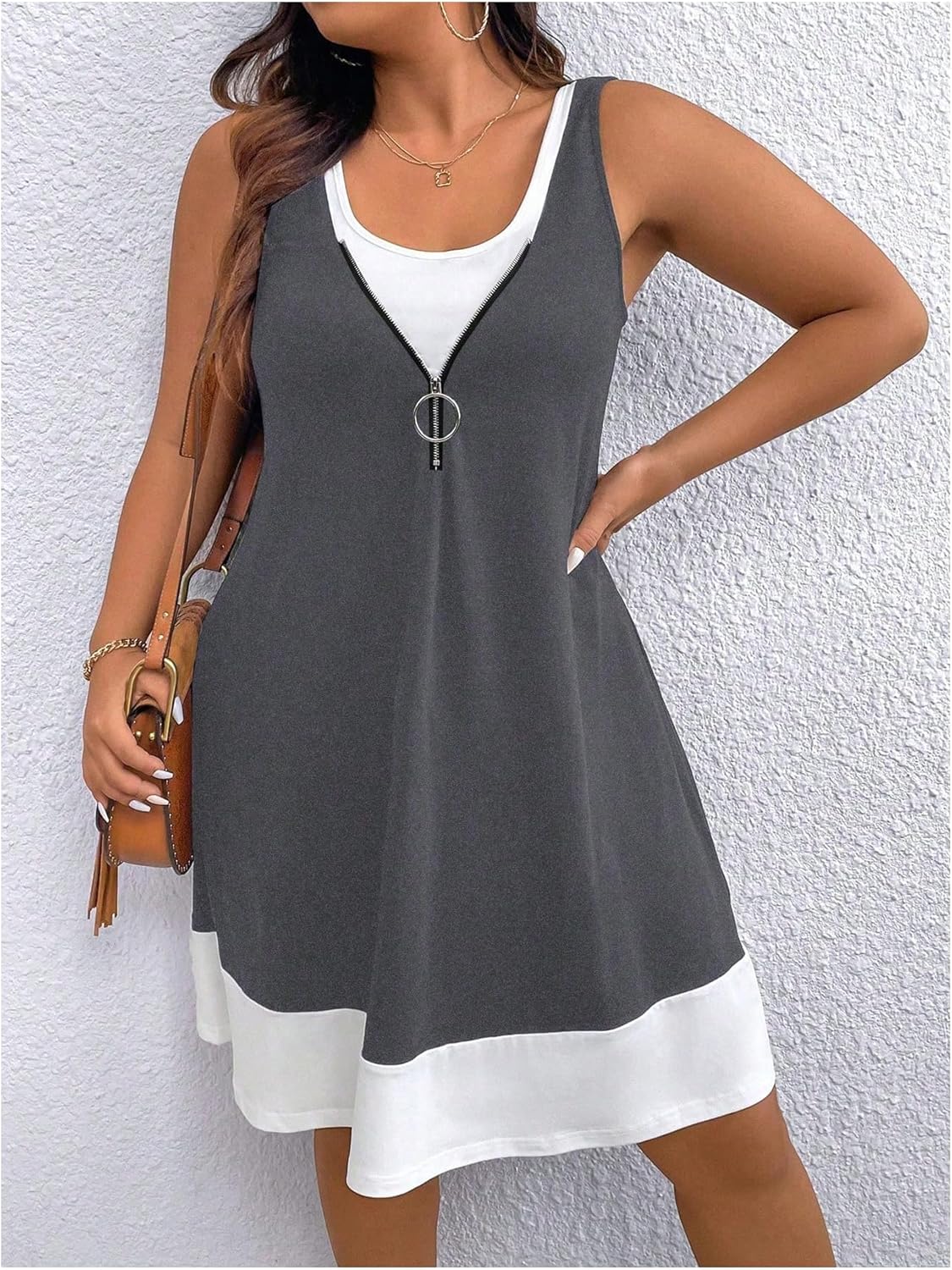 Verdusa Women's Plus Size Summer Dress Color Block Quarter Zip Tank Dress Sleeveless Short Dresses