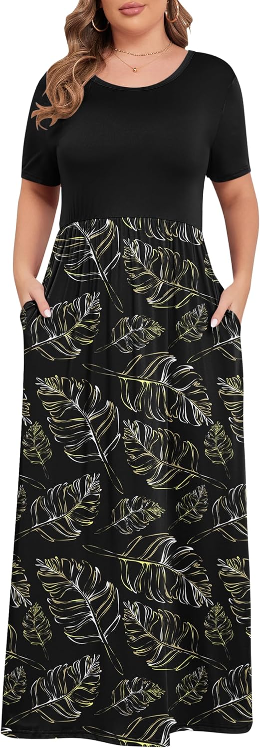 KARALIN Women’s Plus Size Maxi Dresses for Curvy Women Summer Casual Short Sleeve 2025 Long Dress 14W-26W