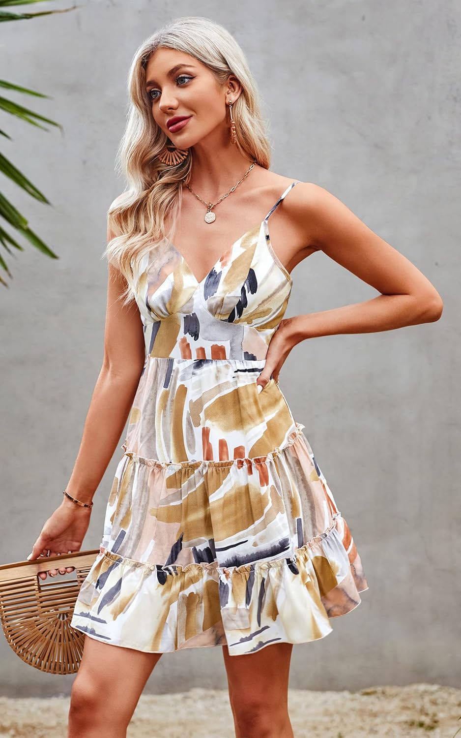 ECOWISH Summer Dresses for Women 2025 V-Neck Spaghetti Strap Bowknot Backless Sleeveless Lace Mini Swing Skater Dress