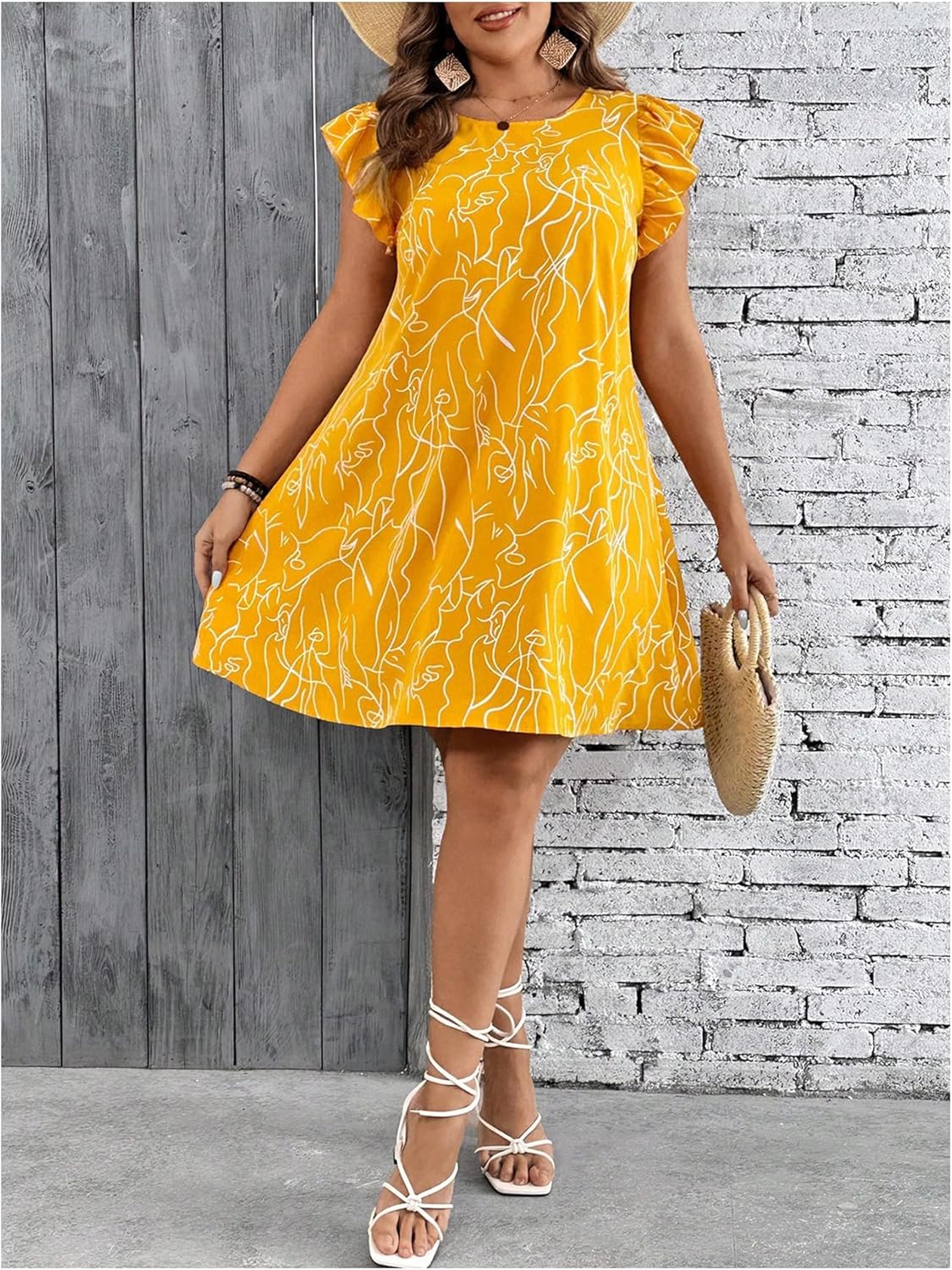 SOLY HUX Women's Plus Size Summer Dress Graphic Print Ruffle Cap Sleeve Loose Short Dresses