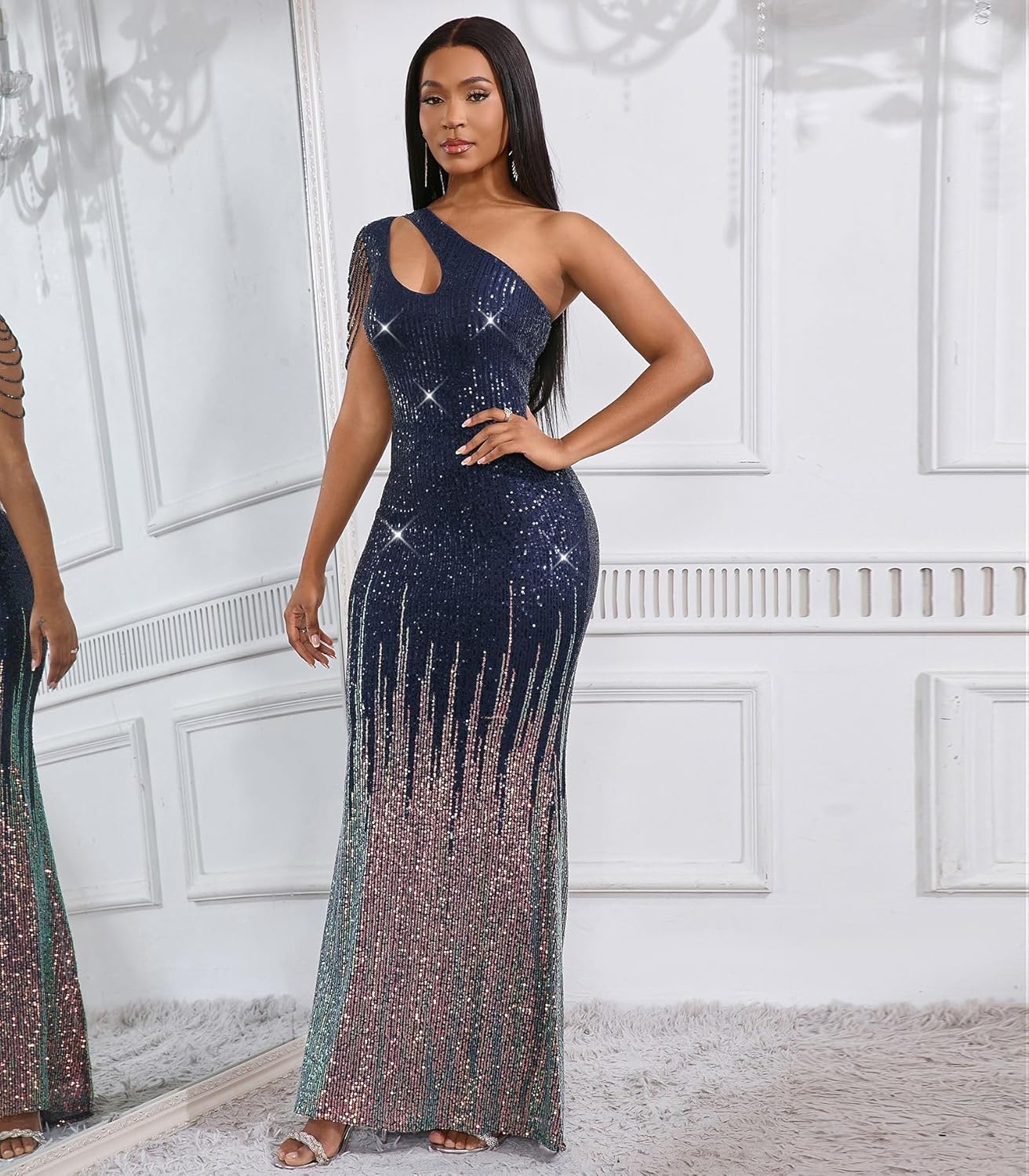 Cololura Women Sequin Elegant Sexy One Shoulder Tassel Mermaid Bodycon Cocktail Evening Dress