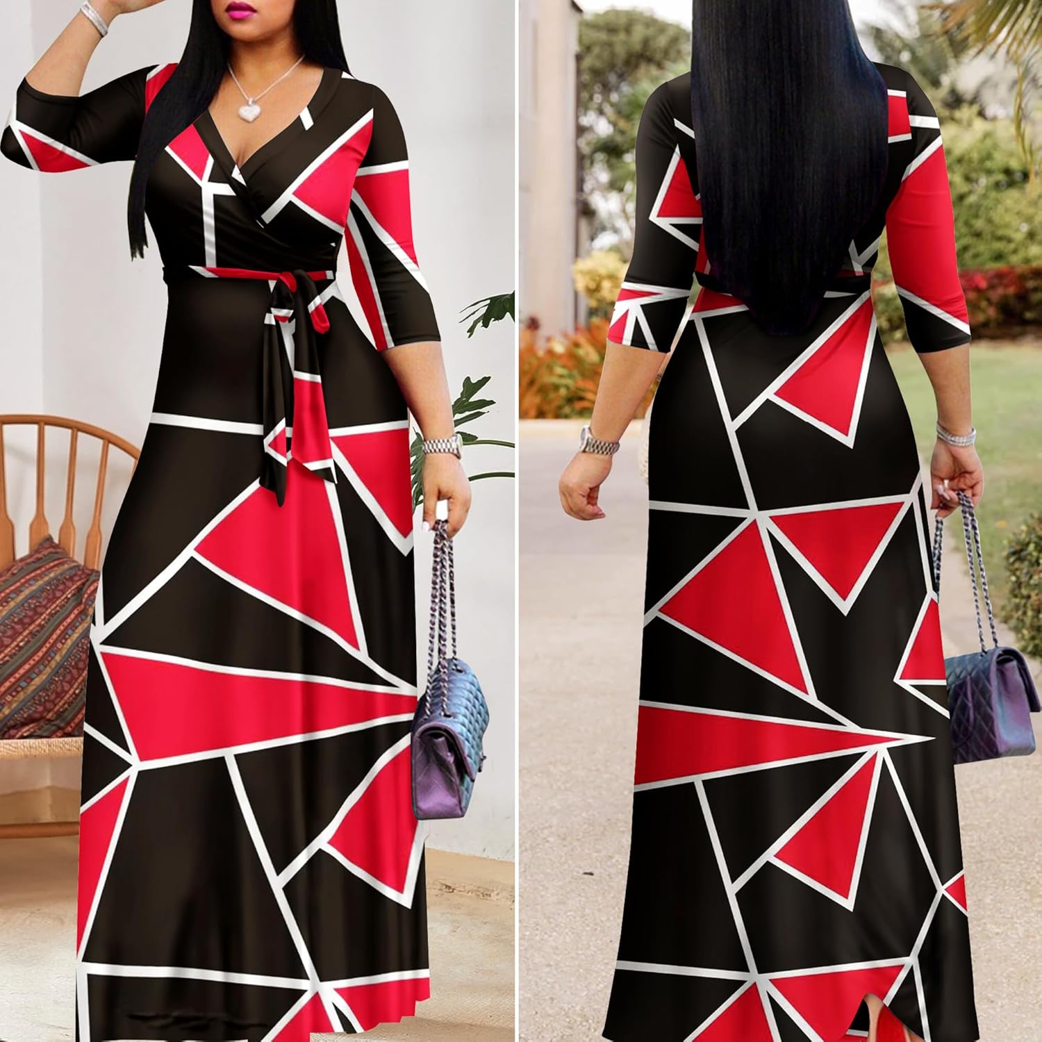 FANDEE Plus Size Maxi Dress for Women Casual Summer Sundress V-Neck 3/4 Sleeve