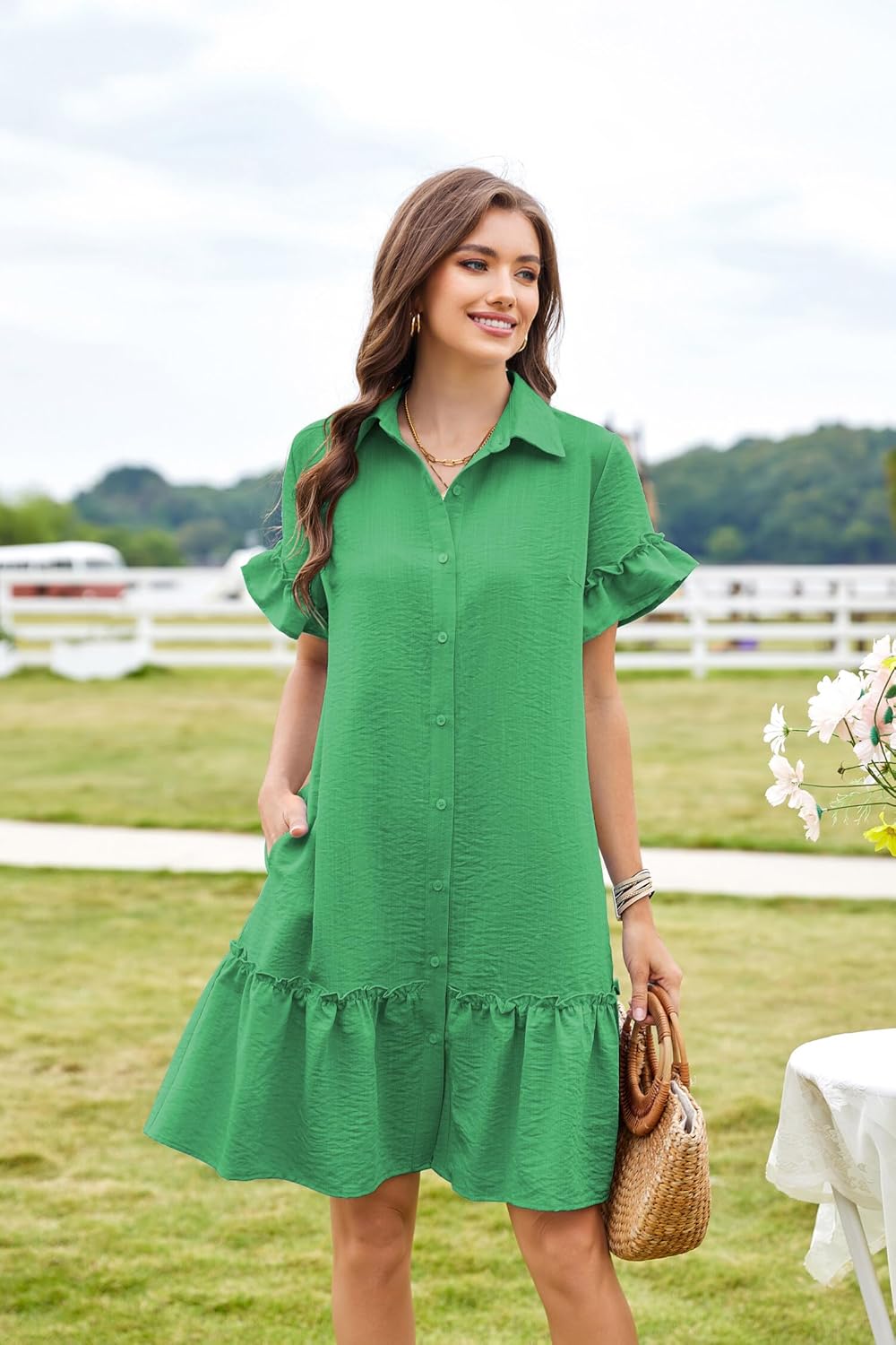 CCTOO Women's Summer Dresses Casual V Neck Button Down 3/4 Sleeve Floral Print Loose Flowy Shirt Dress
