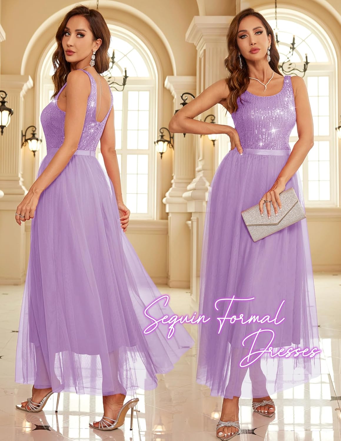 BeryLove Sequin Dress for Woman Vintage A Line Wedding Formal Swing Mesh Dress Sleeveless Cocktail Maxi Gowns